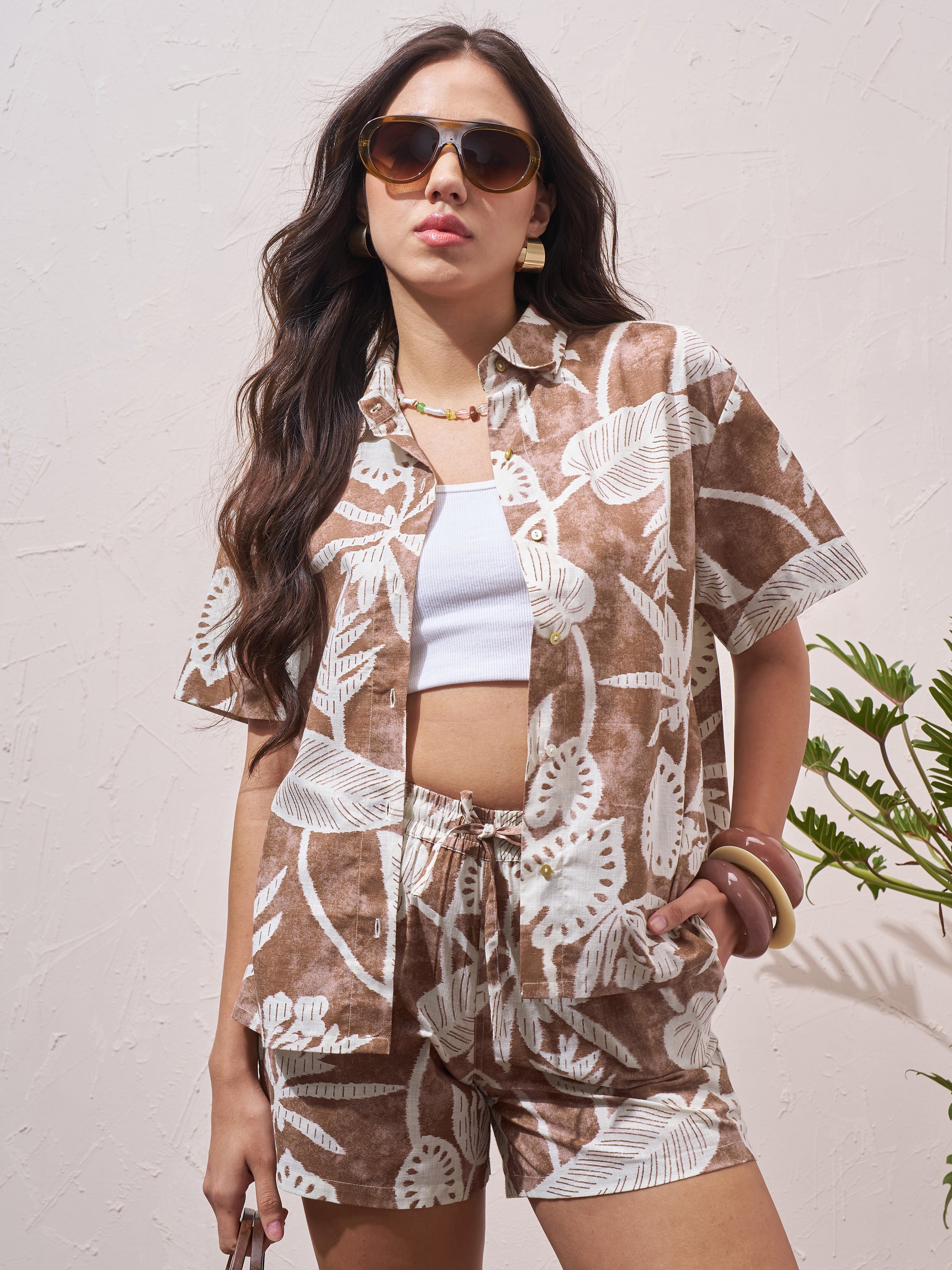 Vara By Vishudh Women Brown Shirt With Shorts Co-Ords - Brown - Image 1