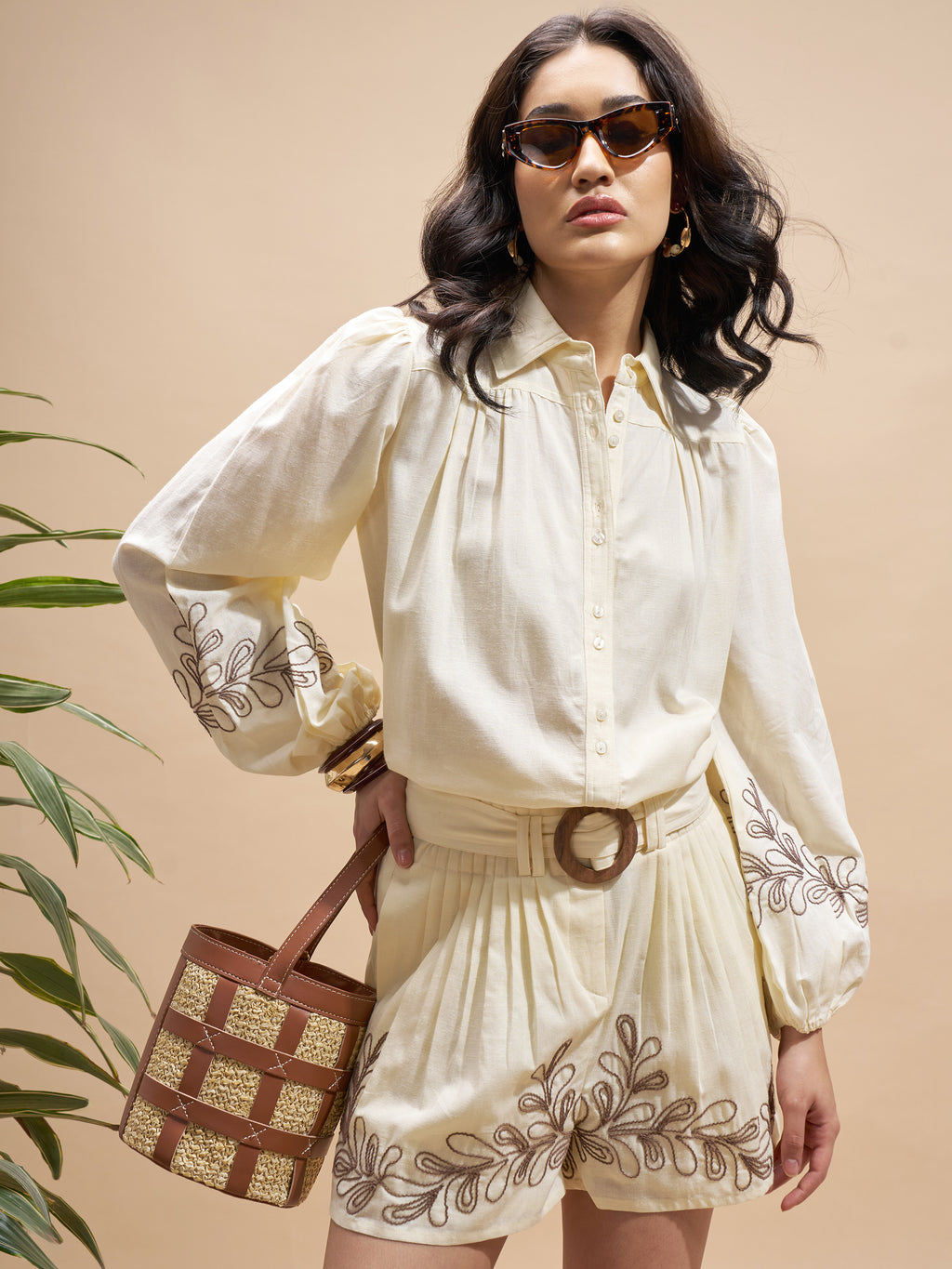 Vara By Vishudh Women Cream Shirt With Shorts Co-Ords - Cream - Image 1