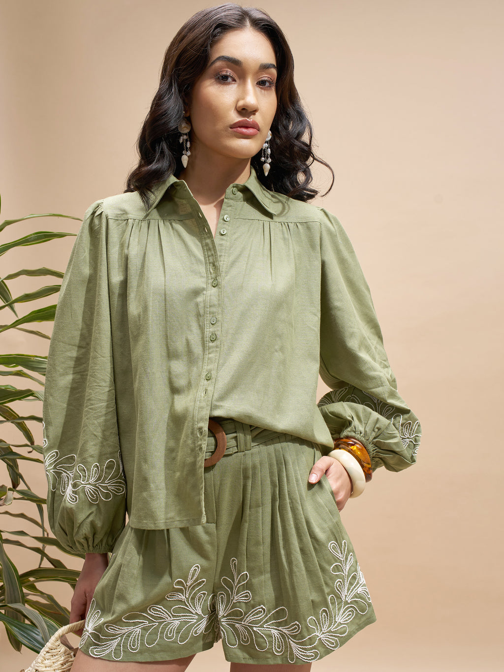 Vara By Vishudh Women Olive Shirt With Shorts Co-Ords - Olive - Image 1