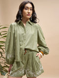 Vara By Vishudh Women Olive Shirt With Shorts Co-Ords - Olive - Image 1