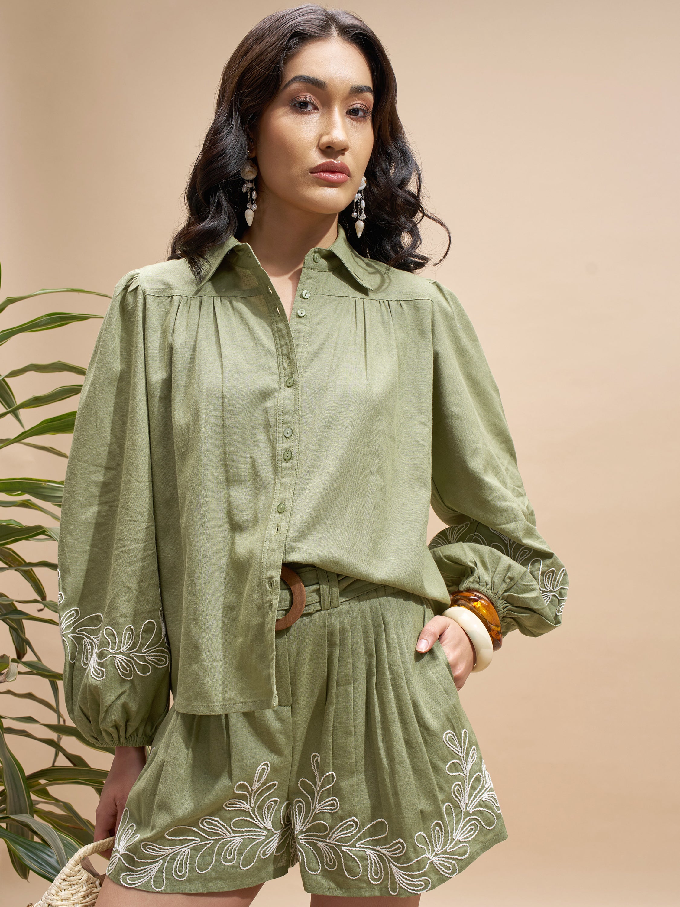 Vara By Vishudh Women Olive Shirt With Shorts Co-Ords - Olive - Image 1