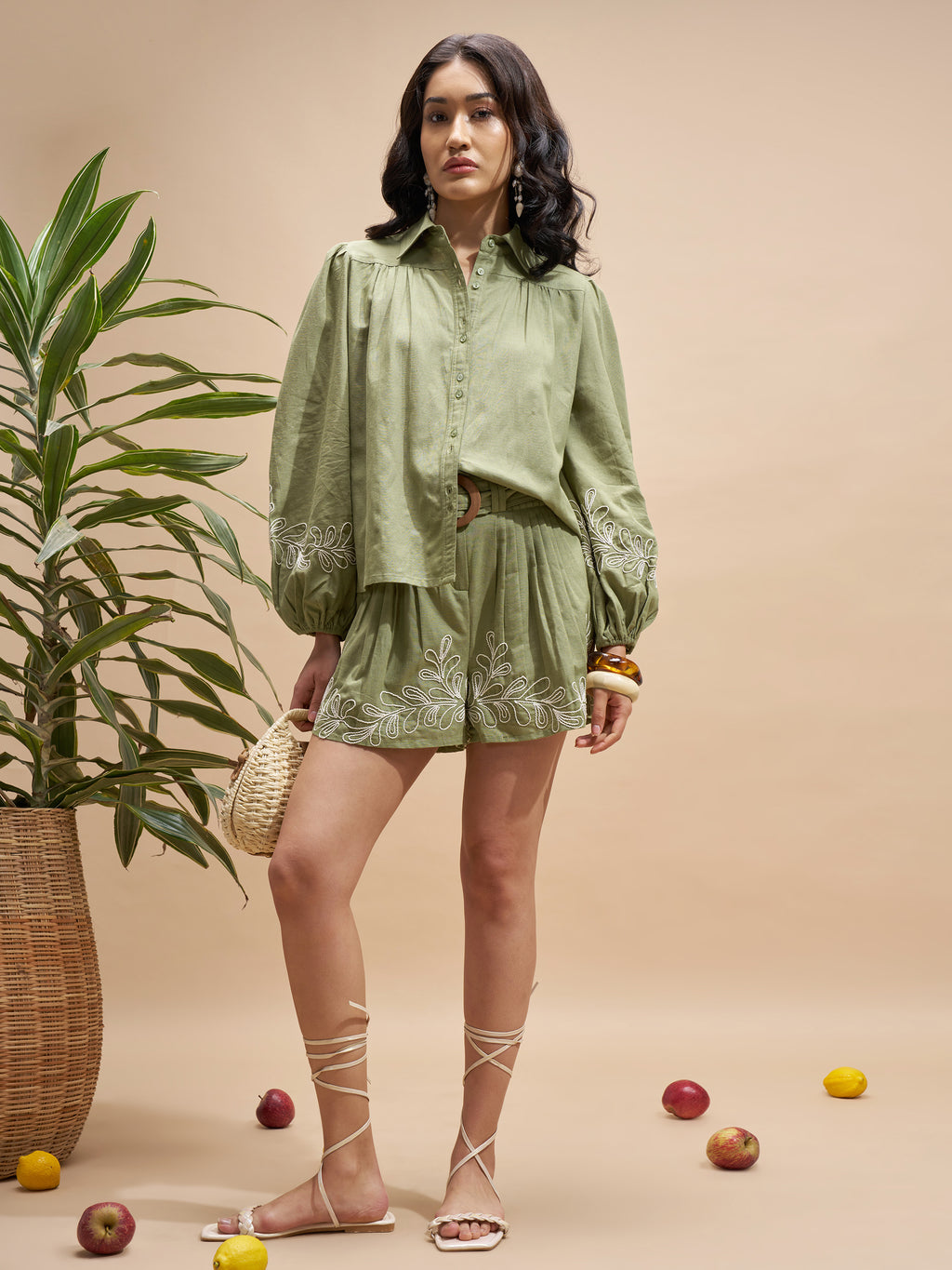 Vara By Vishudh Women Olive Shirt With Shorts Co-Ords - Olive - Image 2