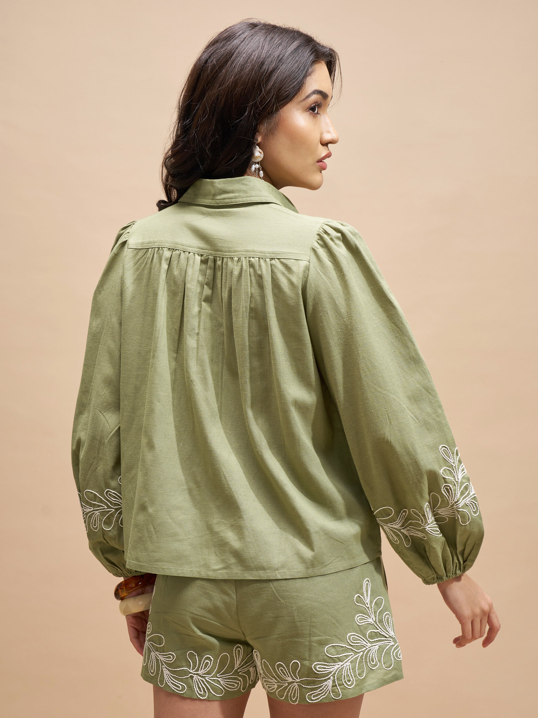 Vara By Vishudh Women Olive Shirt With Shorts Co-Ords - Olive - Image 3
