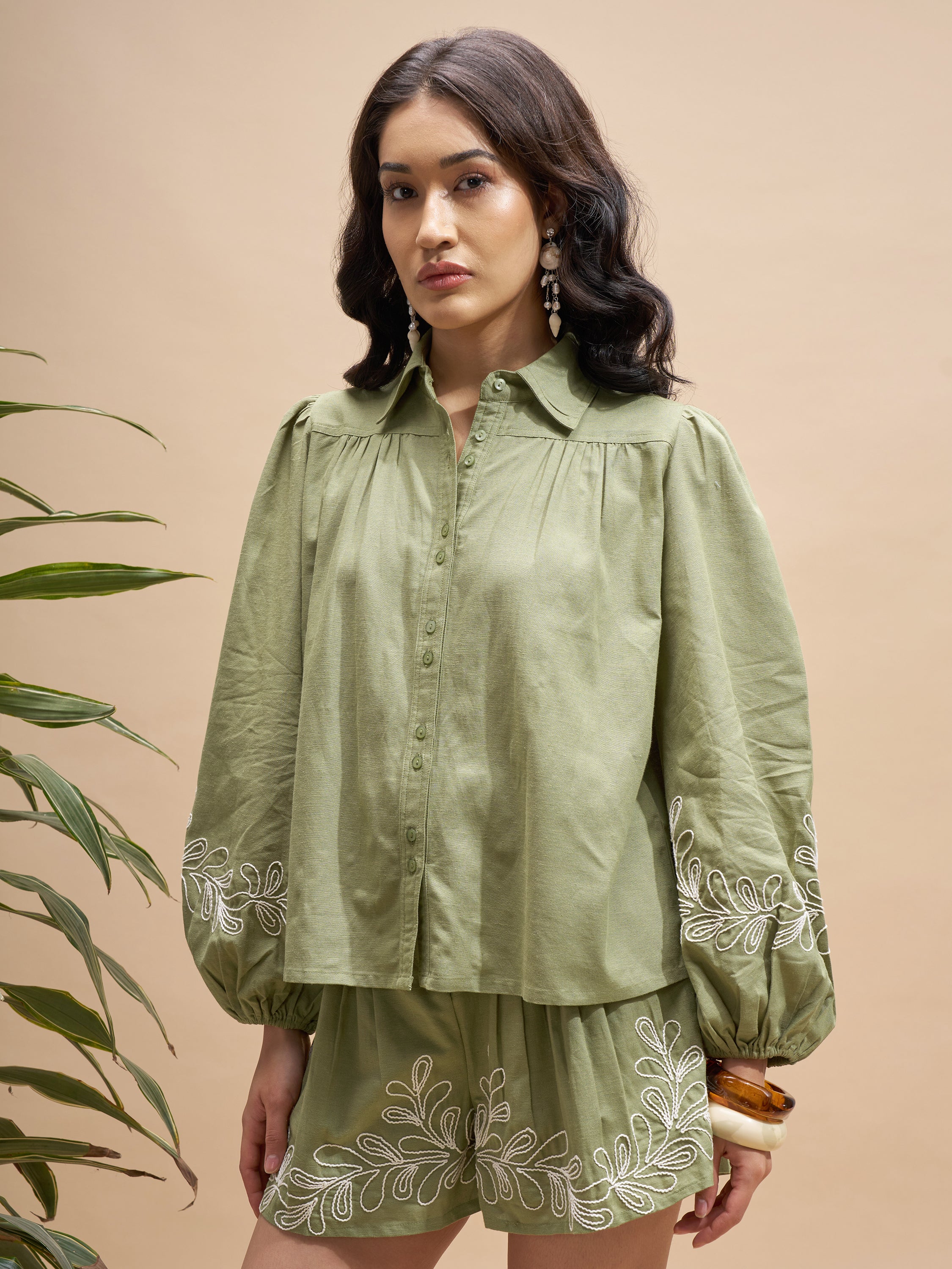 Vara By Vishudh Women Olive Shirt With Shorts Co-Ords - Olive - Image 4