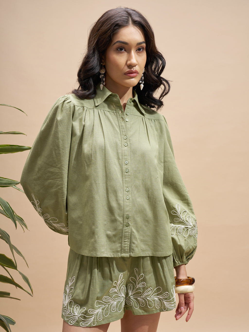 Vara By Vishudh Women Olive Shirt With Shorts Co-Ords - Olive - Image 6