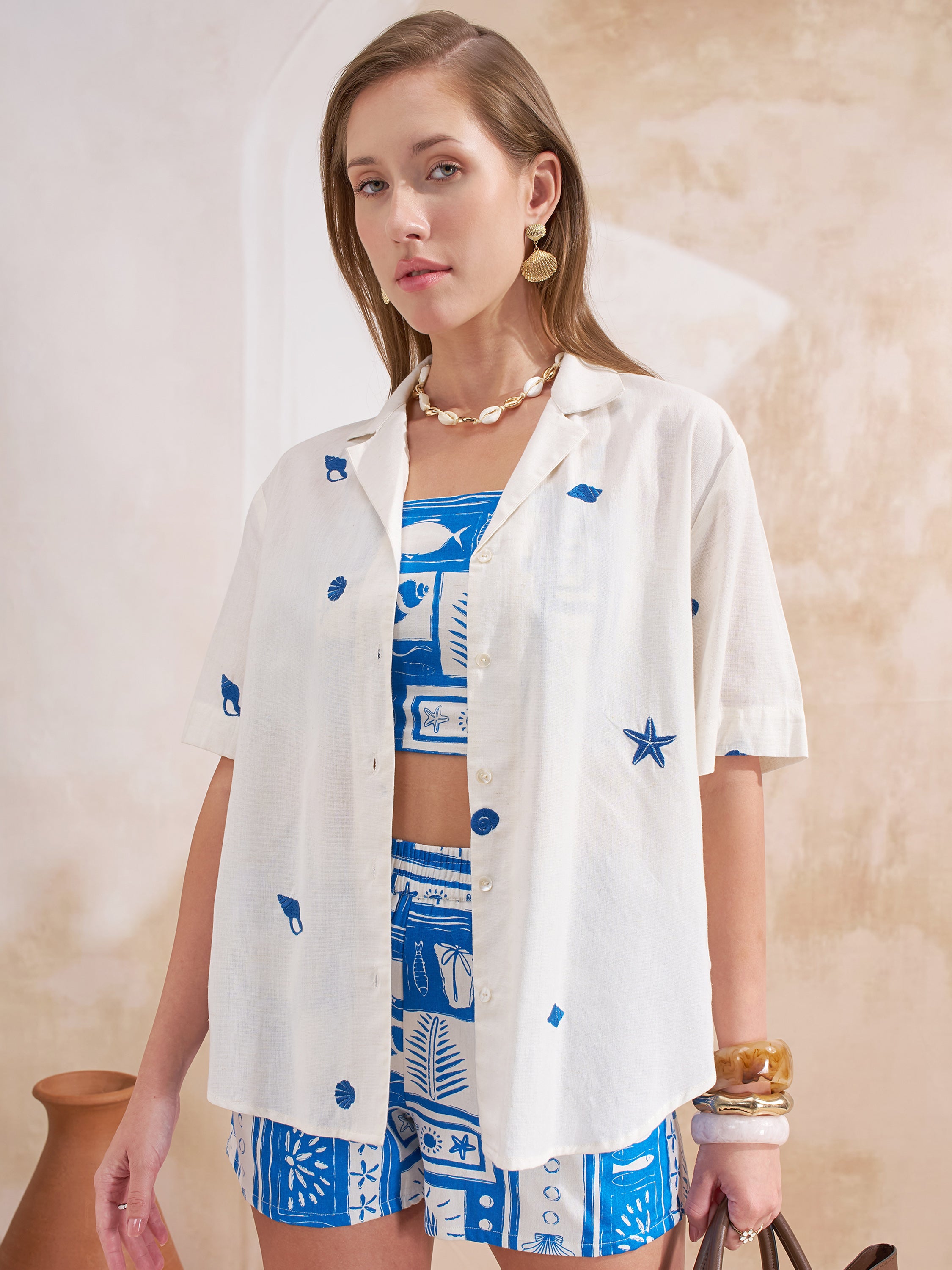 Vara By Vishudh Women Blue Shirt With Shorts Co-Ords