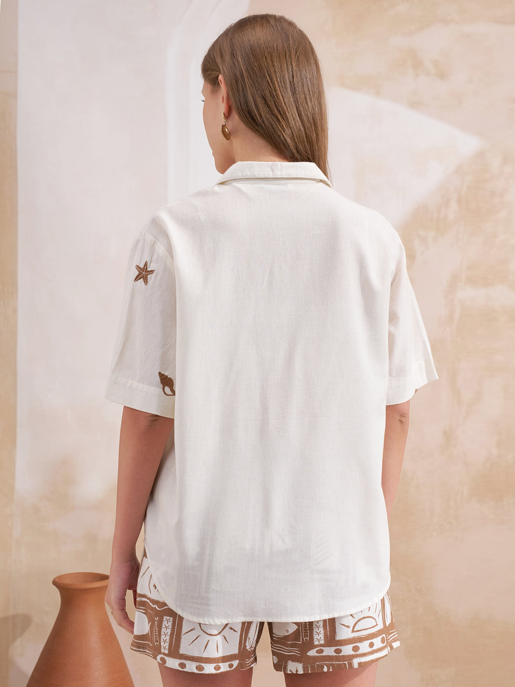Vara By Vishudh Women Taupe Shirt With Shorts Co-Ords