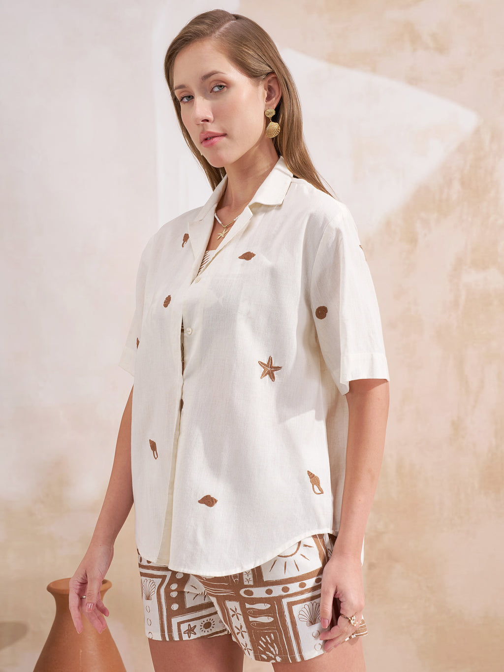 Vara By Vishudh Women Taupe Shirt With Shorts Co-Ords