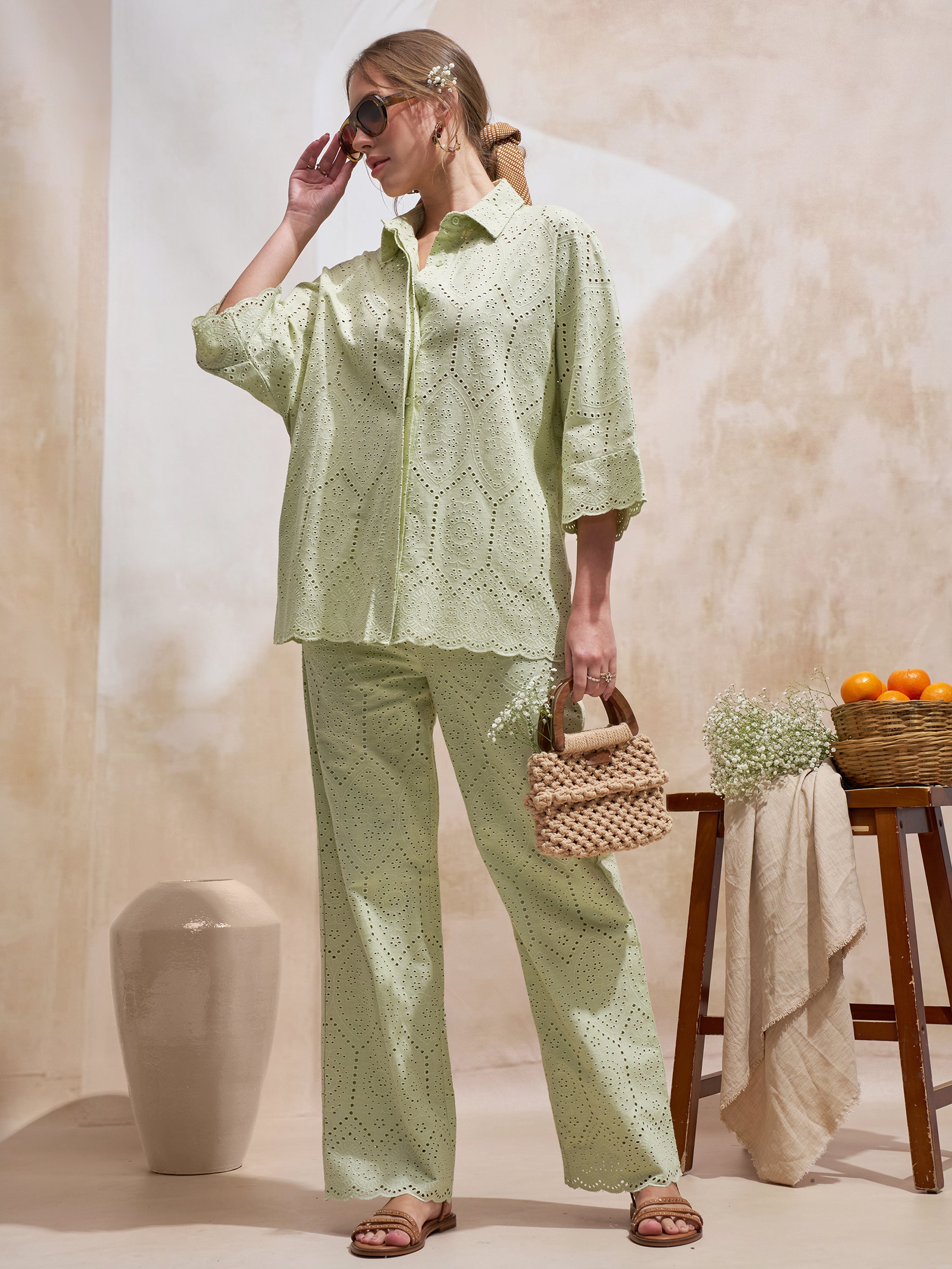 Vara By Vishudh Women Green Shirt With Trouser Co-Ords - Green - Image 1