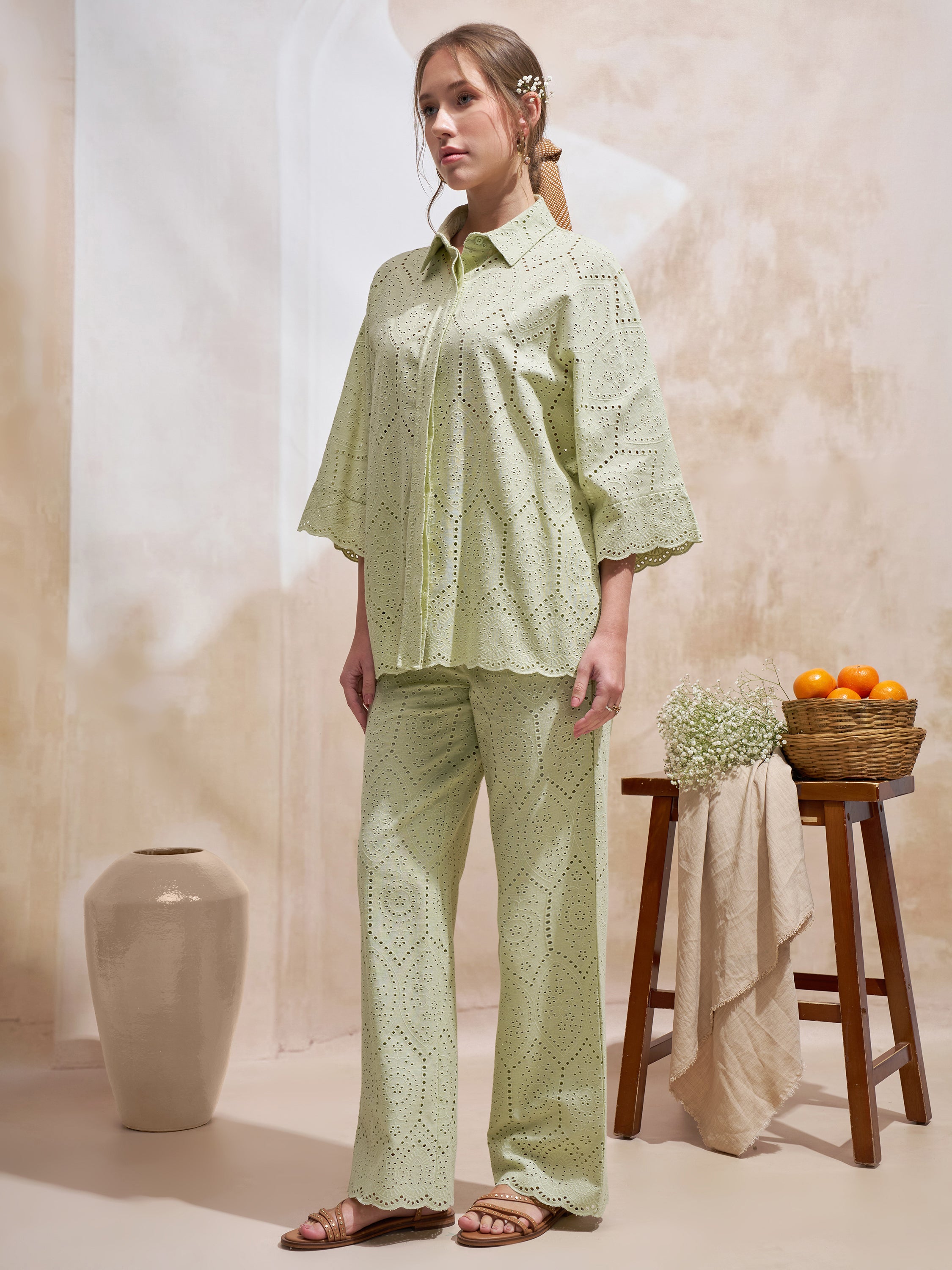Vara By Vishudh Women Green Shirt With Trouser Co-Ords - Green - Image 2