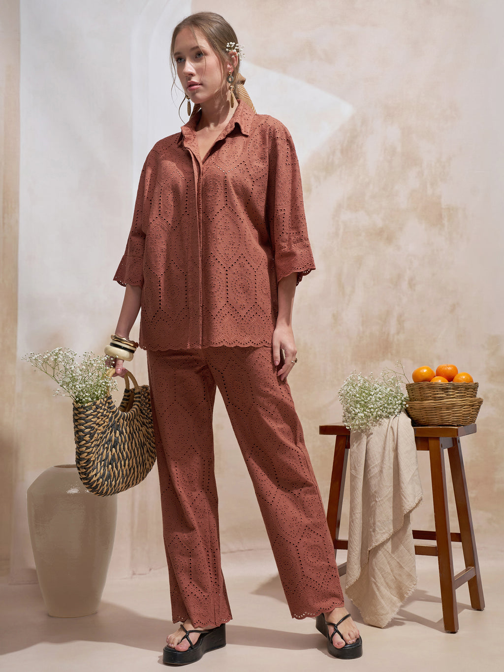 Vara By Vishudh Women Brown Shirt With Trouser Co-Ords - Brown - Image 1