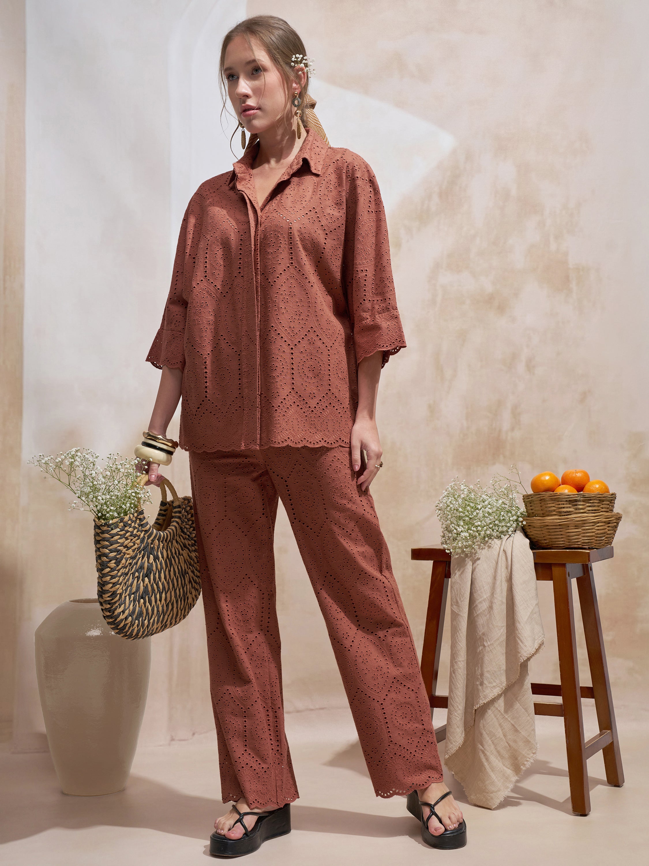 Vara By Vishudh Women Brown Shirt With Trouser Co-Ords - Brown - Image 1