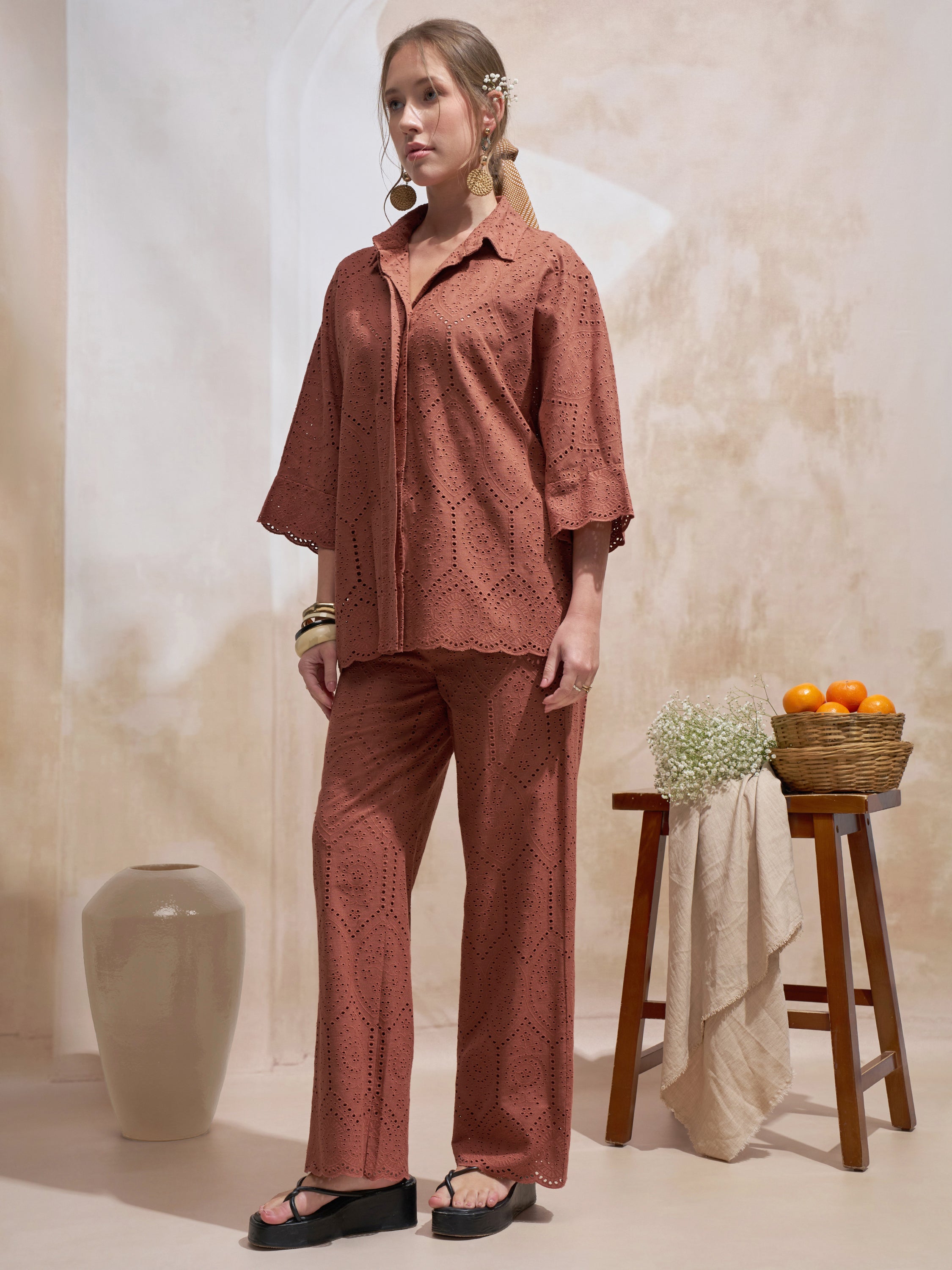 Vara By Vishudh Women Brown Shirt With Trouser Co-Ords - Brown - Image 2