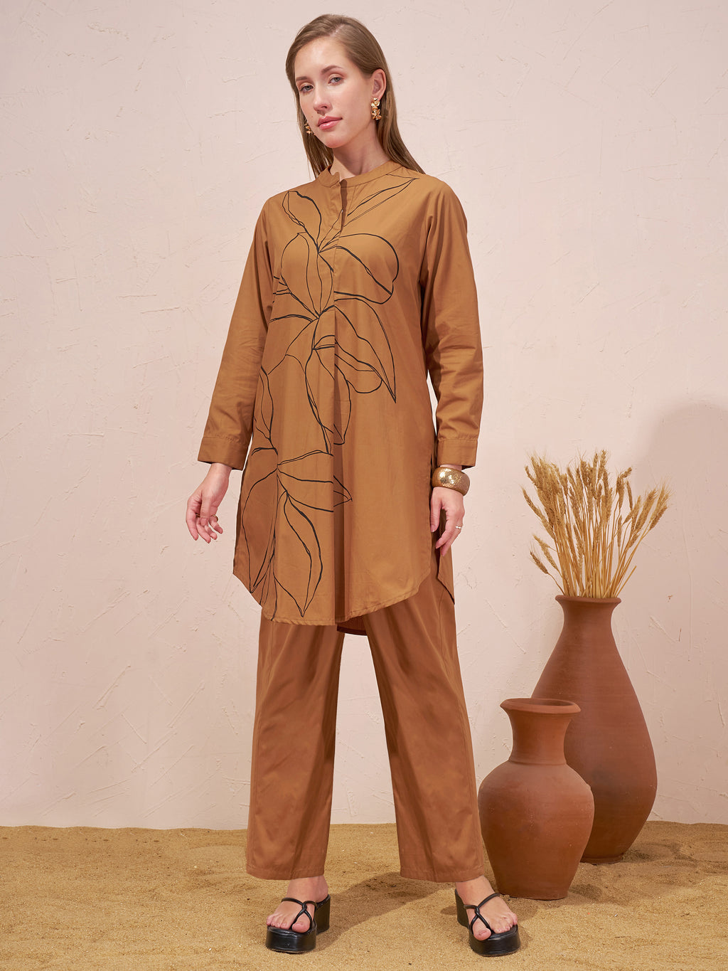 Vara By Vishudh Women Brown Tunic With Trouser Co-Ords
