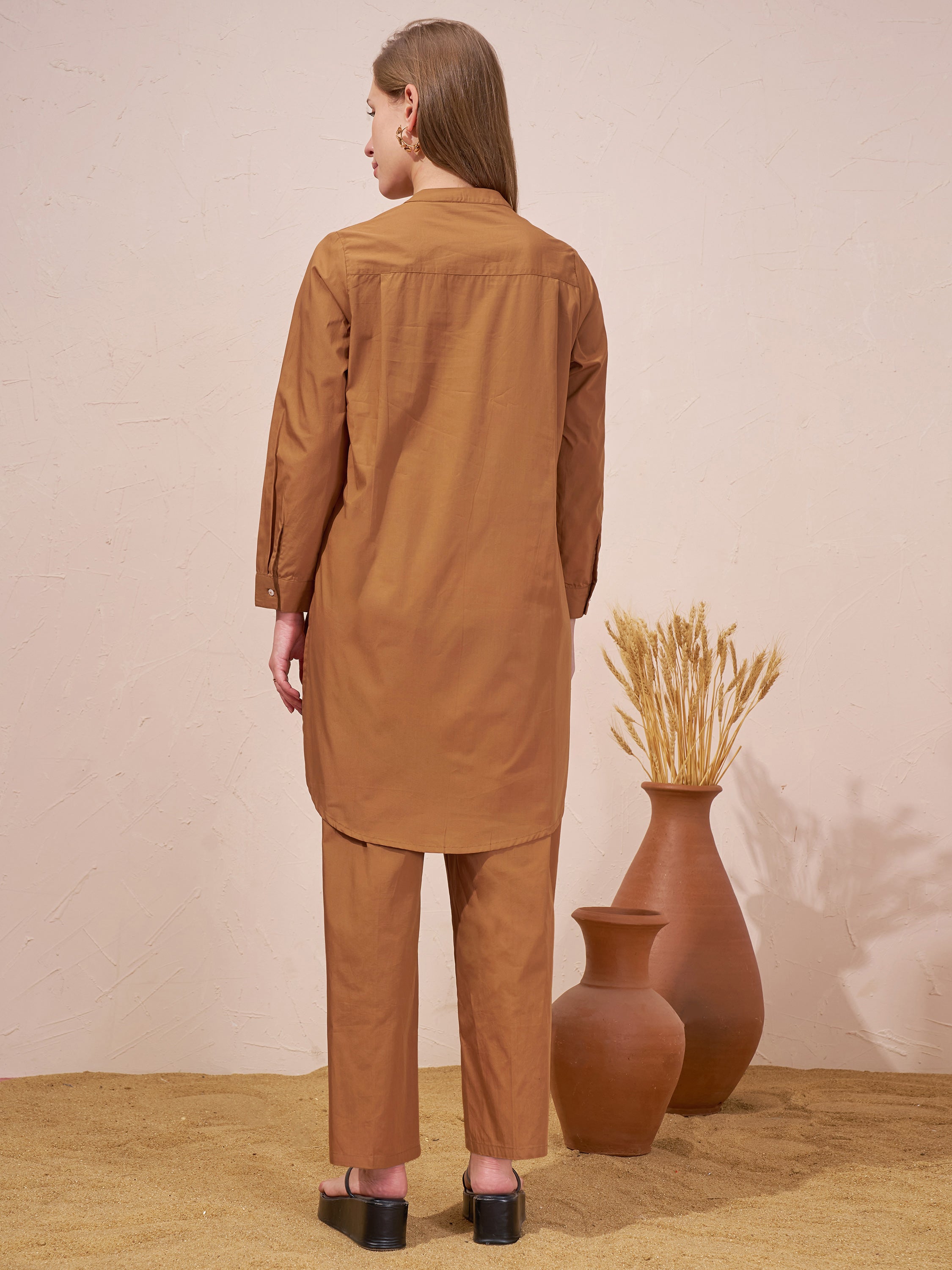 Vara By Vishudh Women Brown Tunic With Trouser Co-Ords