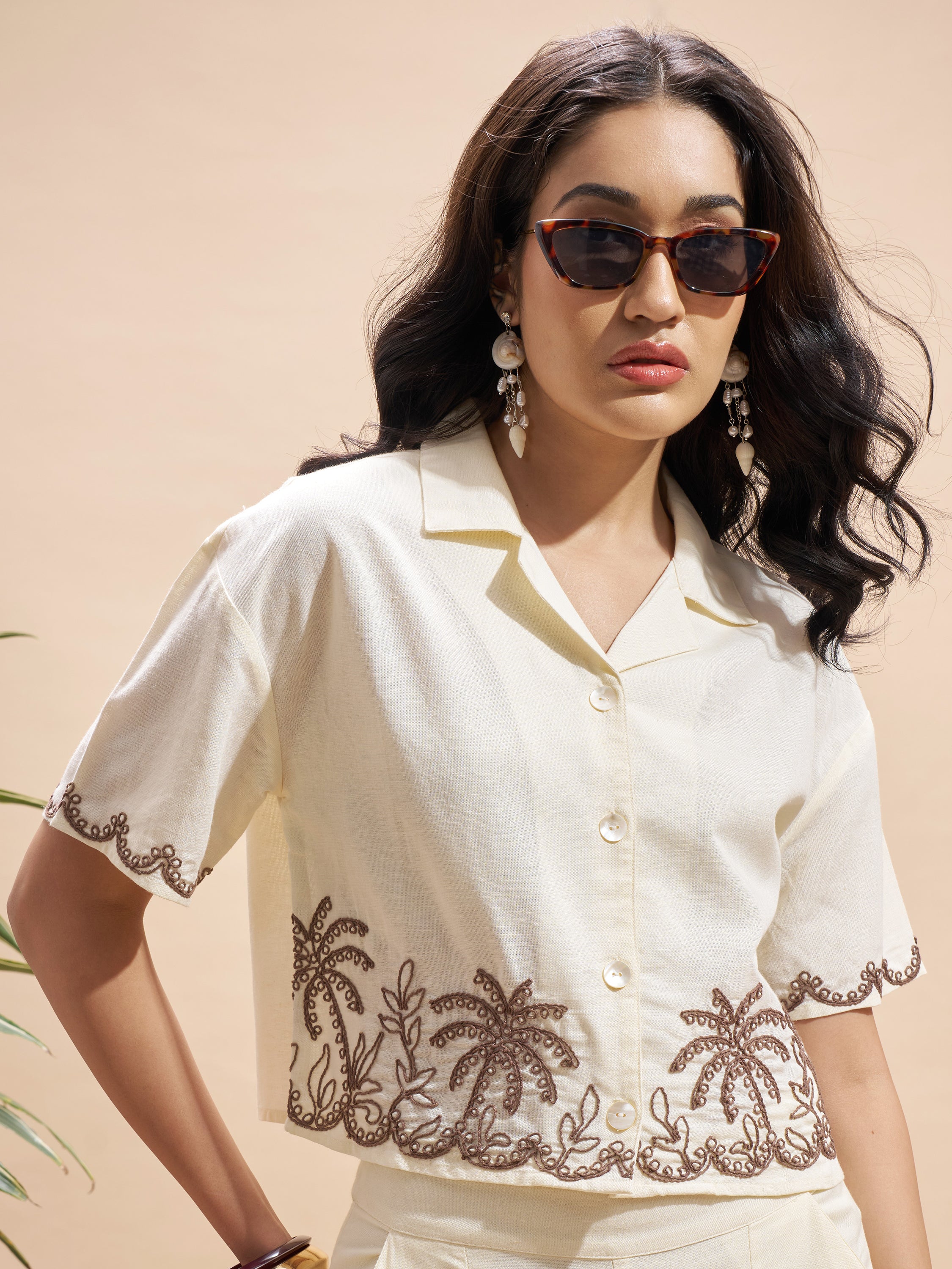 Vara By Vishudh Women Cream Embroidered Regular Top - Cream - Image 1