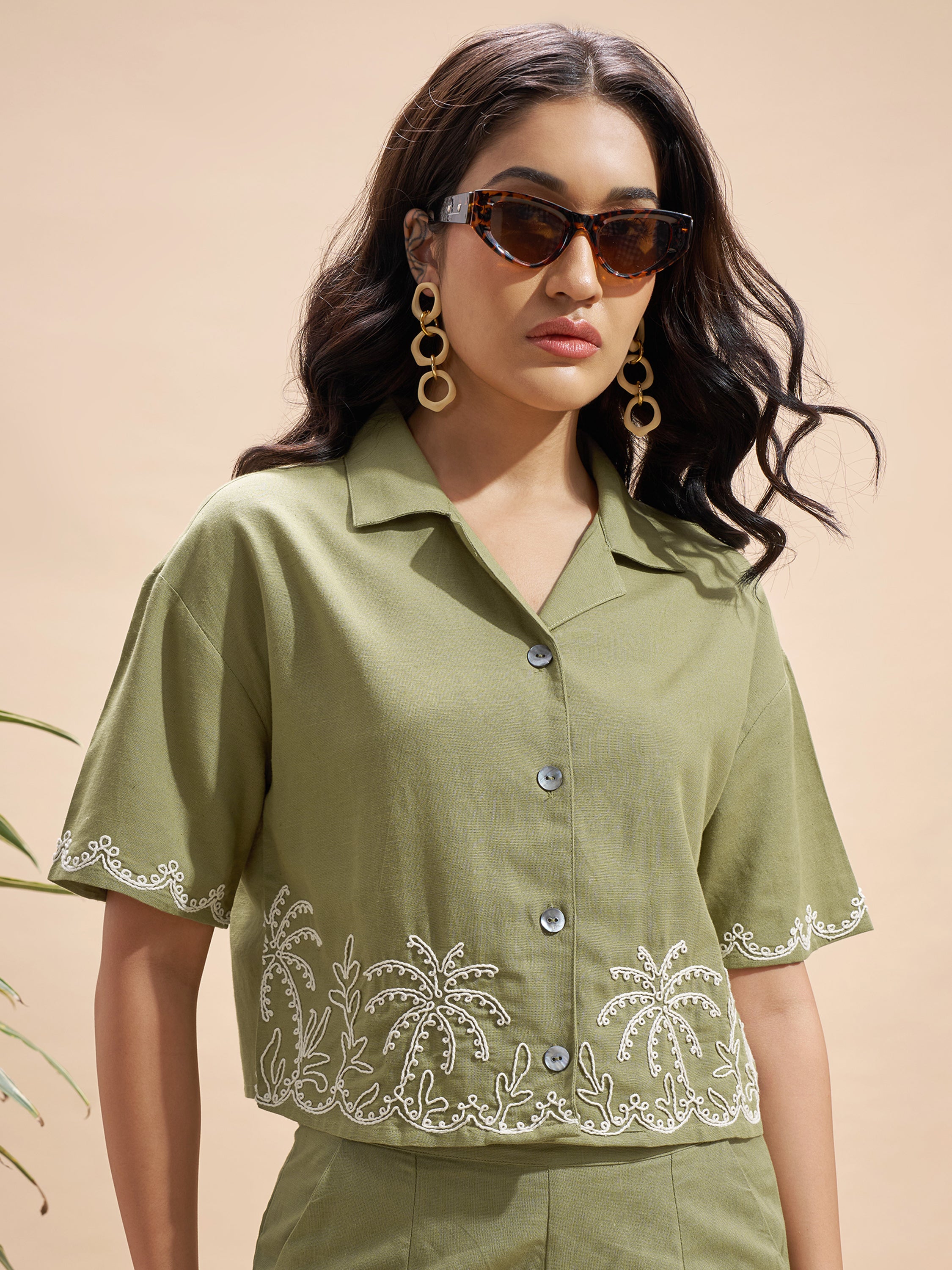 Vara By Vishudh Women Olive Embroidered Regular Top - Olive - Image 1