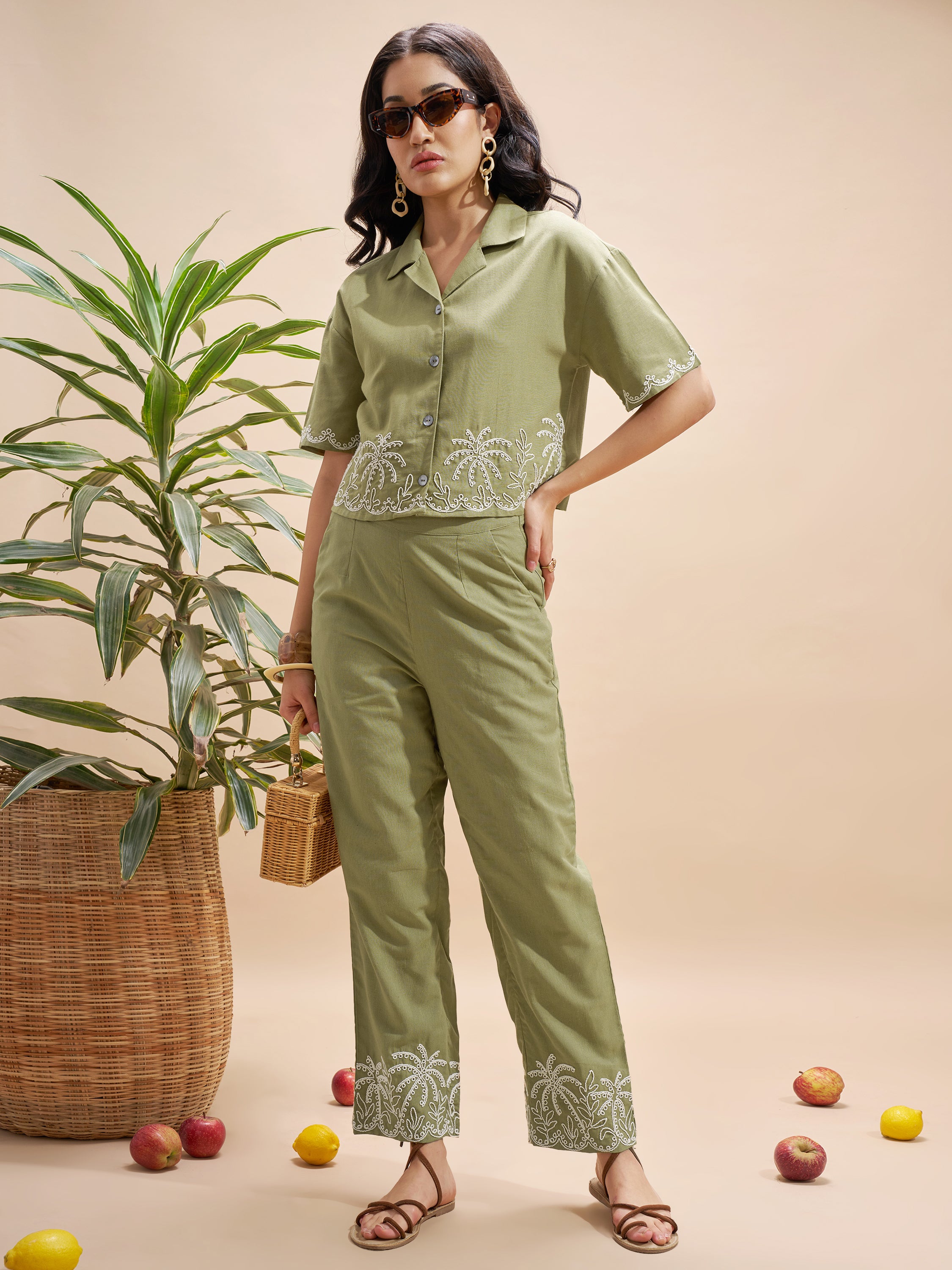 Vara By Vishudh Women Olive Embroidered Regular Top - Olive - Image 2