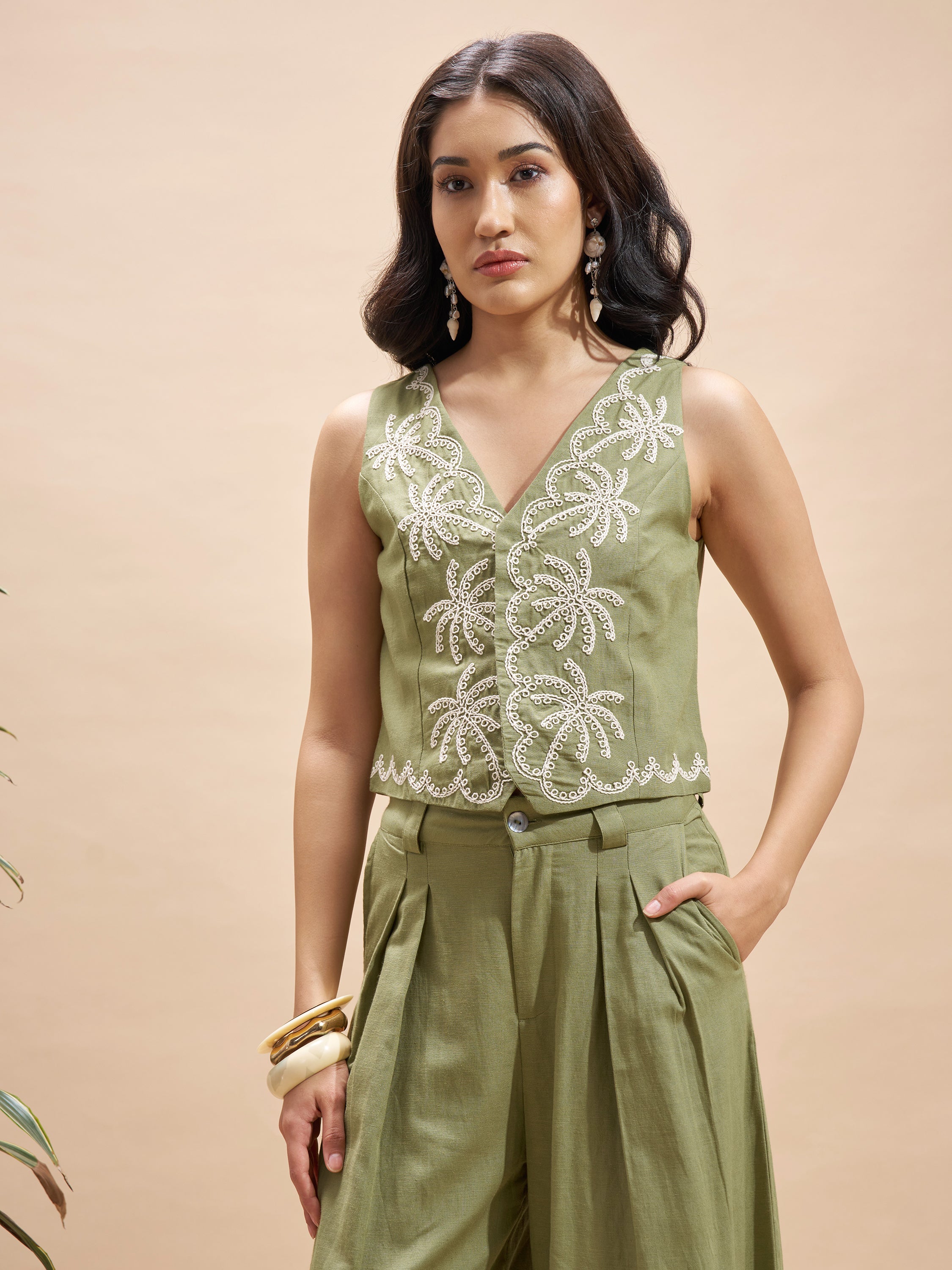 Vara By Vishudh Women Olive Embroidered Regular Top - Olive - Image 4