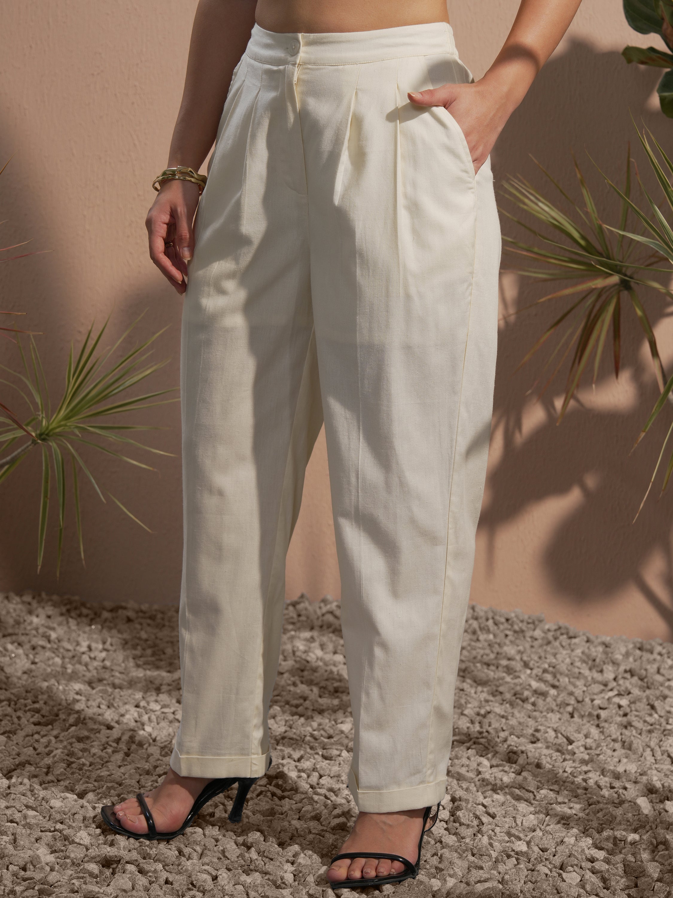 Vara By Vishudh Women Off White Solid Straight Fit Casual Trouser - Off White - Image 4
