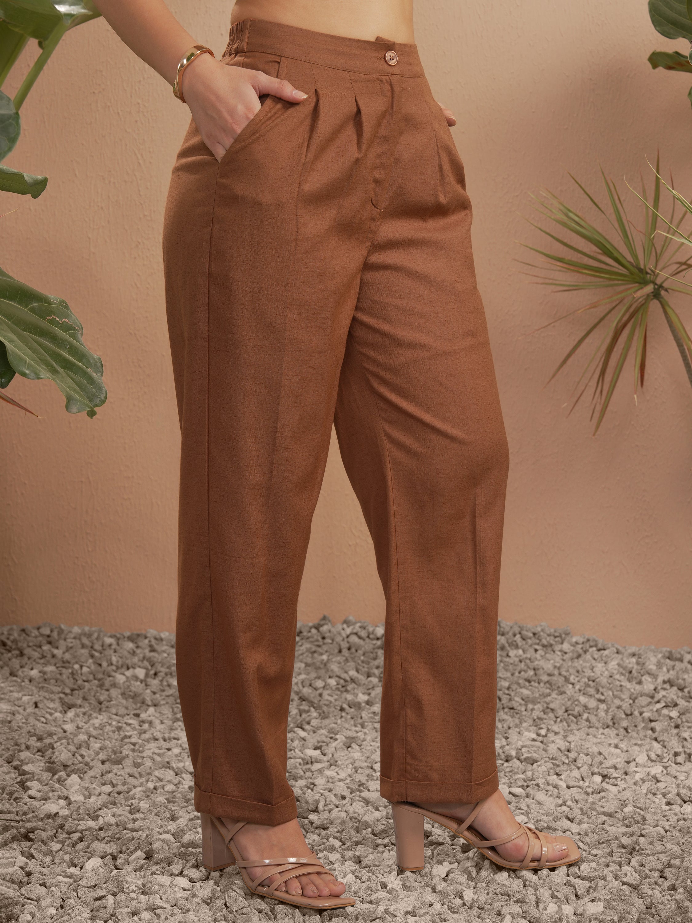 Vara By Vishudh Women Brown Solid Straight Fit Casual Trouser - Brown - Image 6