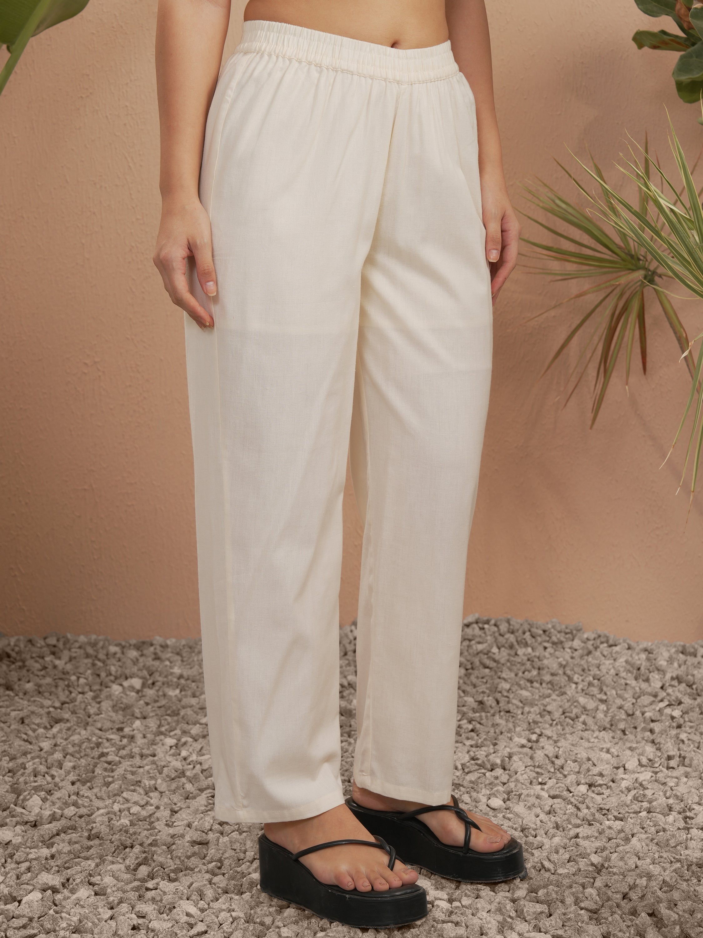 Vara By Vishudh Women Off White Solid Regular Fit Casual Trouser - Off White - Image 6