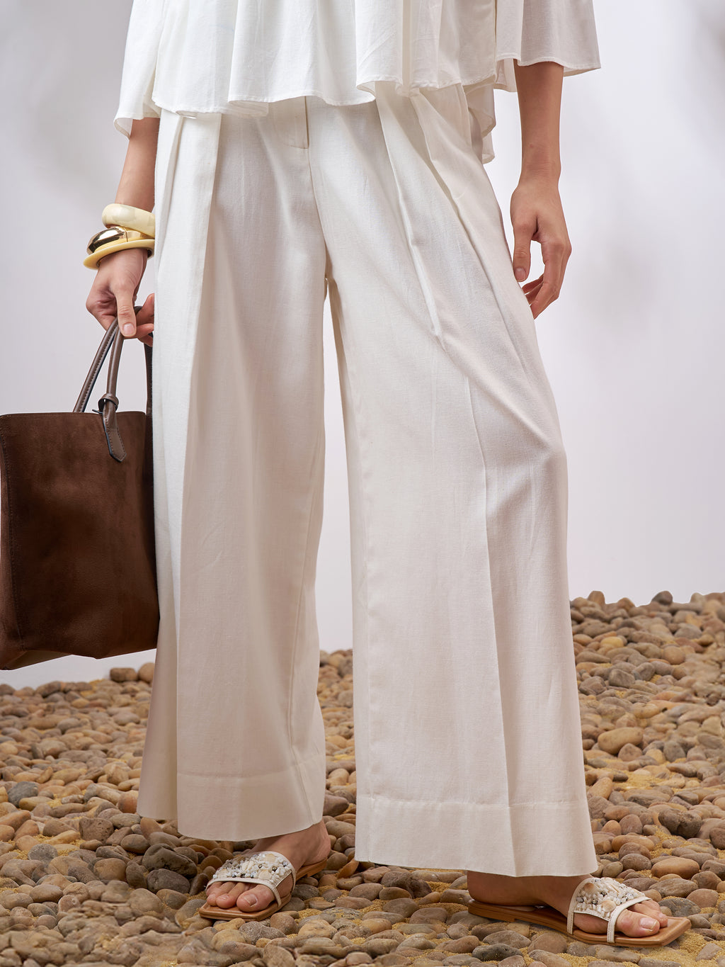 Vara By Vishudh Women Off White Wide Leg Casual Trouser - Off White - Image 1