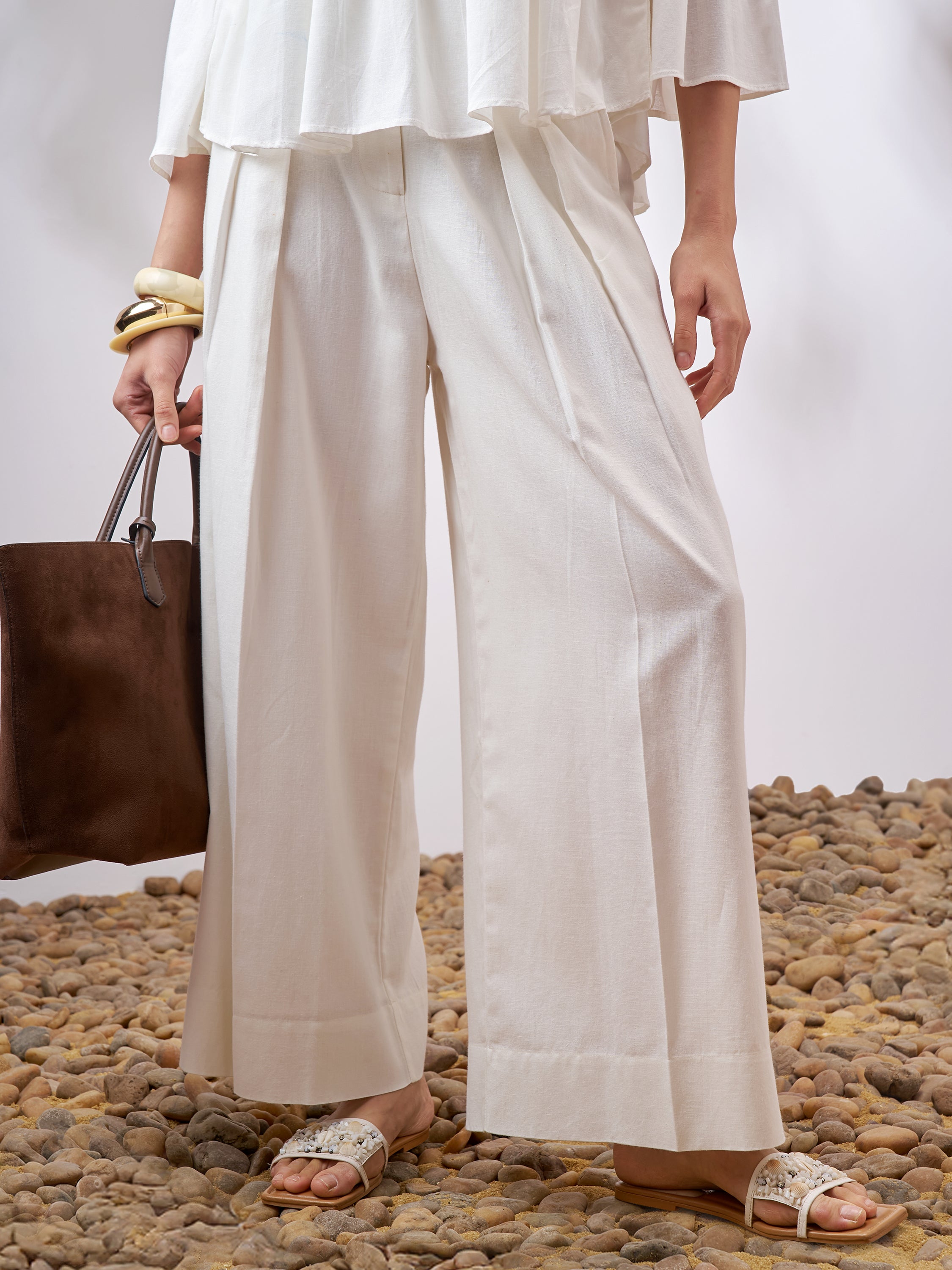 Vara By Vishudh Women Off White Wide Leg Casual Trouser - Off White - Image 1