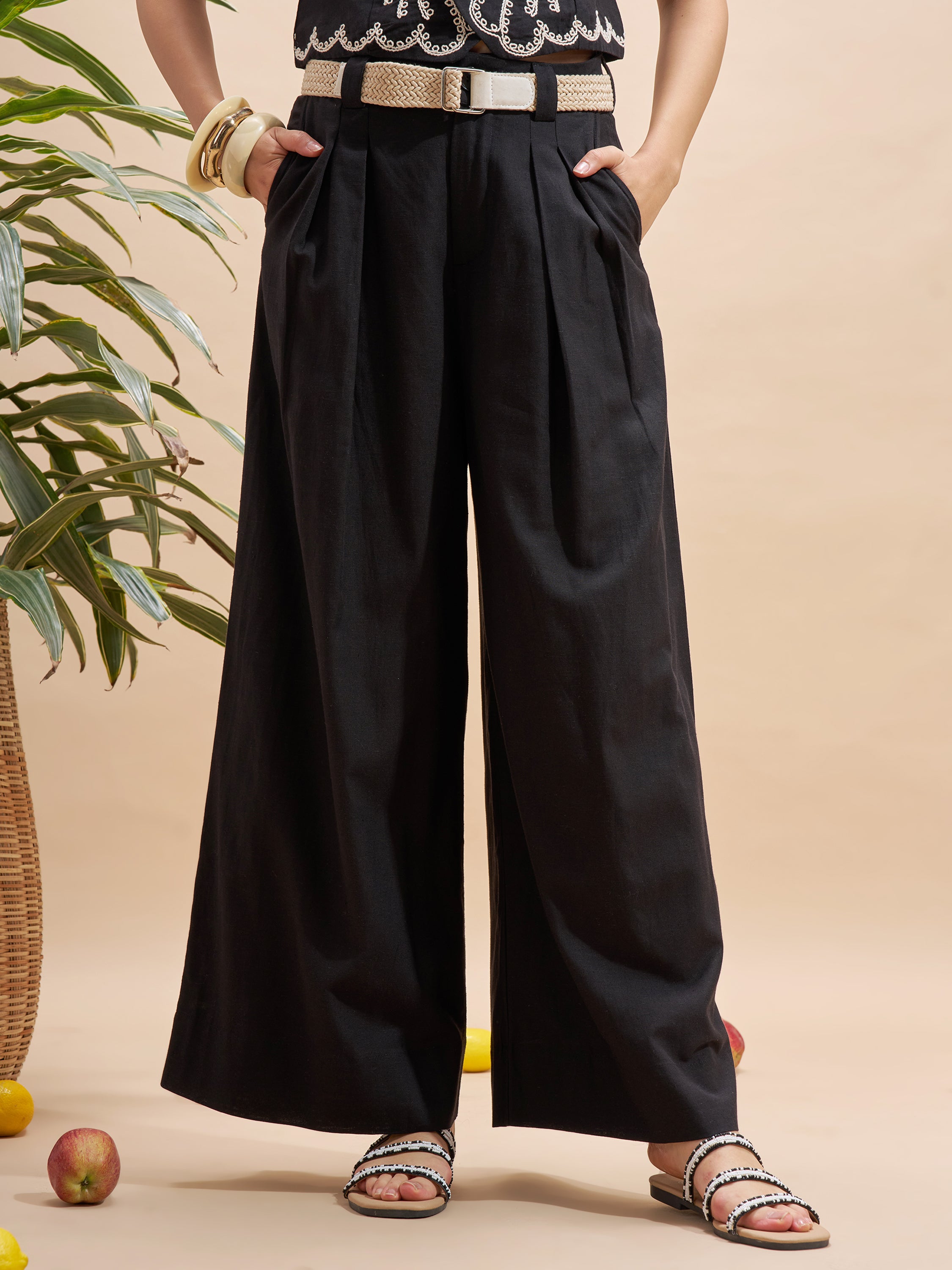 Vara By Vishudh Women Black Wide Leg Casual Trouser - Black - Image 1