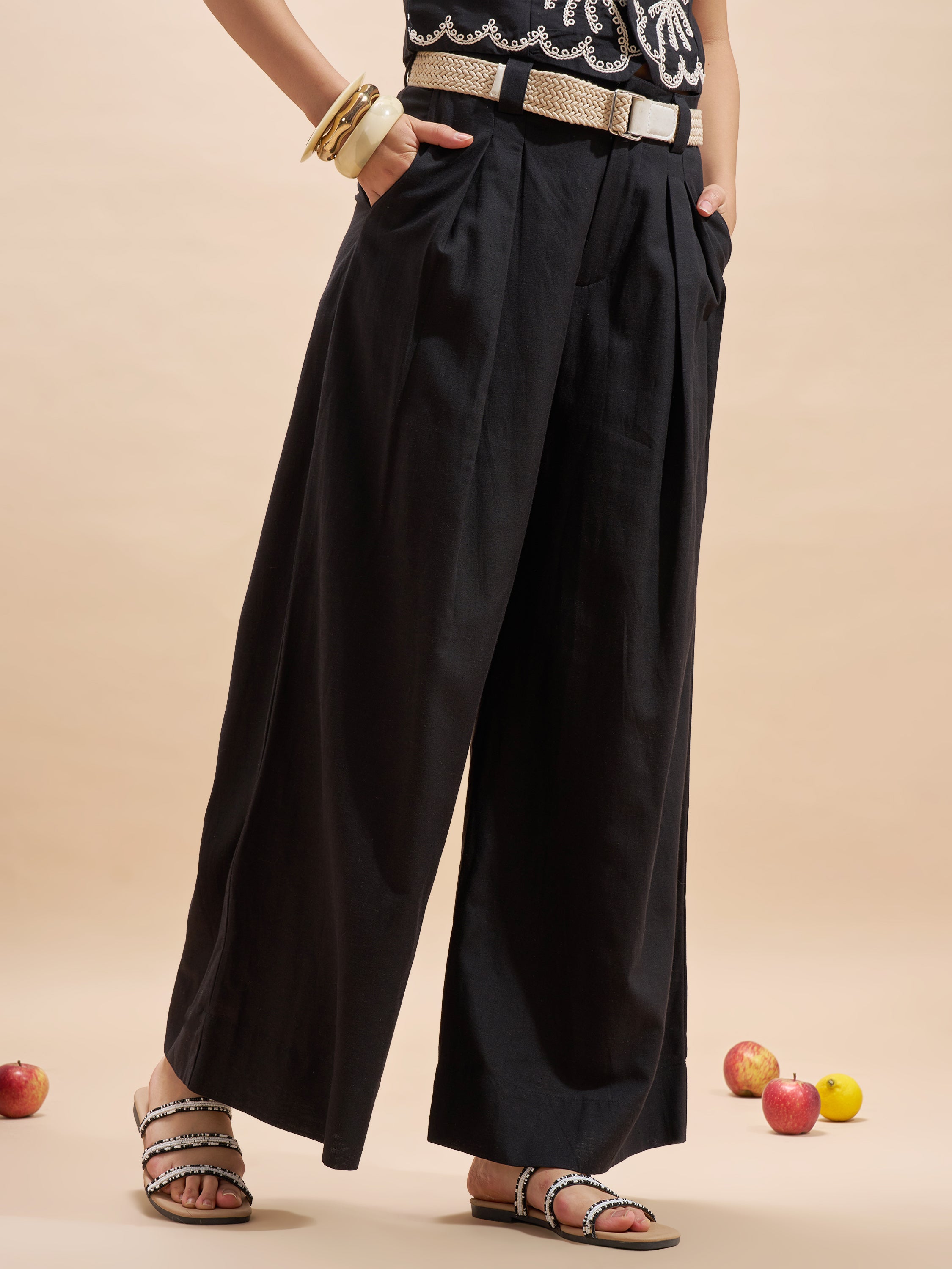 Vara By Vishudh Women Black Wide Leg Casual Trouser - Black - Image 6