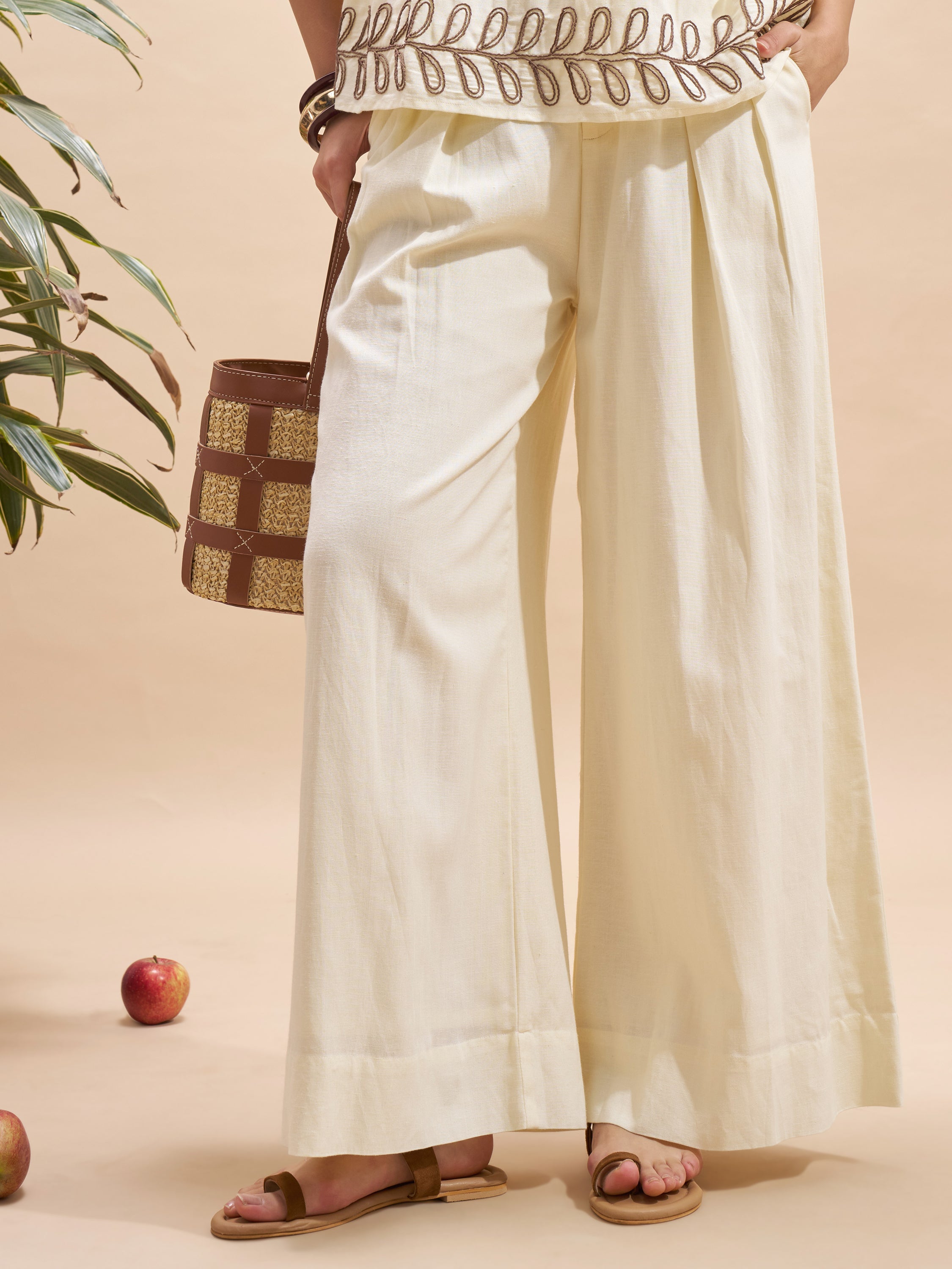 Vara By Vishudh Women Cream Wide Leg Casual Trouser - Cream - Image 1