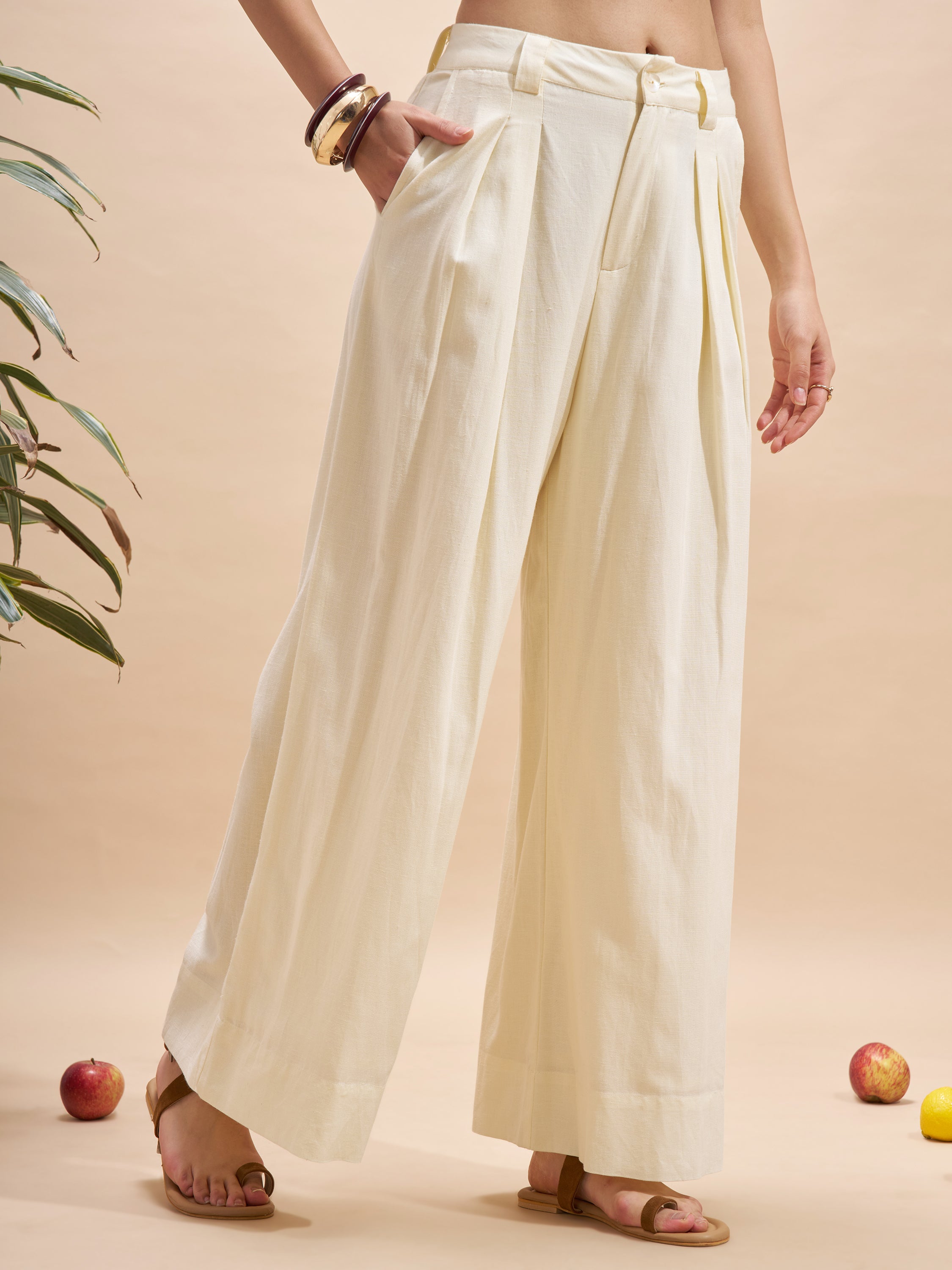 Vara By Vishudh Women Cream Wide Leg Casual Trouser - Cream - Image 6