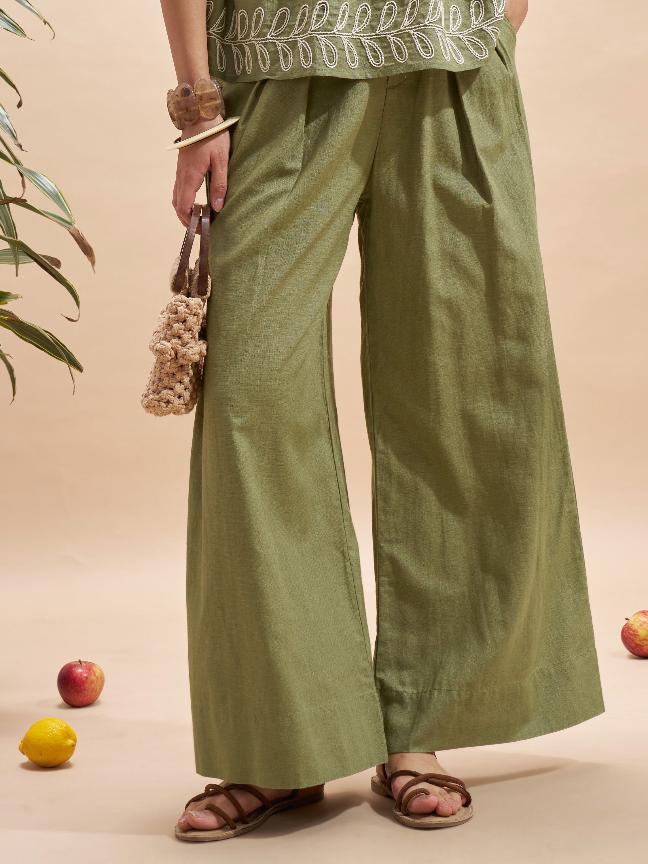 Vara By Vishudh Women Olive Wide Leg Casual Trouser - Olive - Image 1