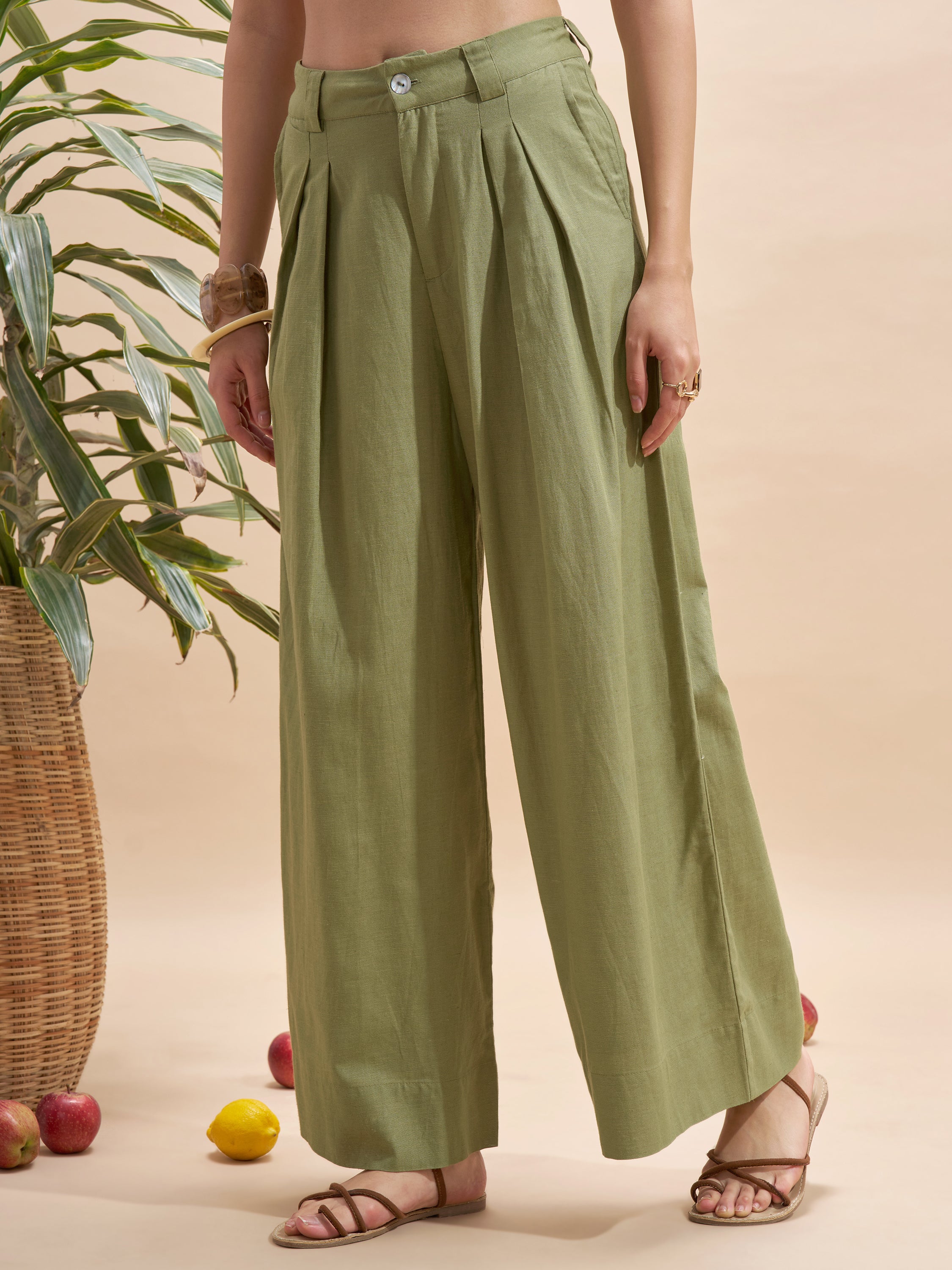 Vara By Vishudh Women Olive Wide Leg Casual Trouser - Olive - Image 4