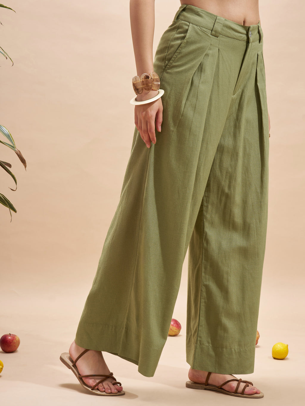 Vara By Vishudh Women Olive Wide Leg Casual Trouser - Olive - Image 6