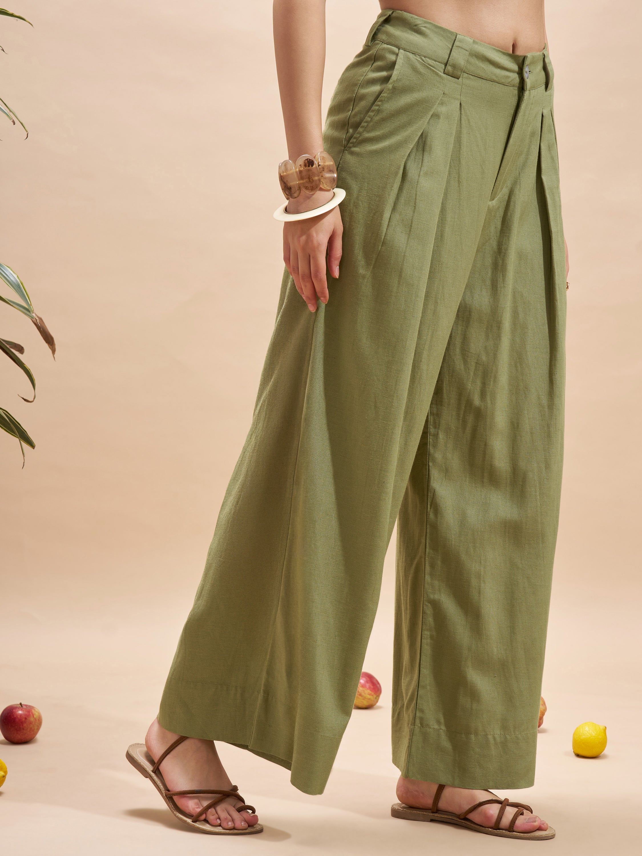 Vara By Vishudh Women Olive Wide Leg Casual Trouser - Olive - Image 6