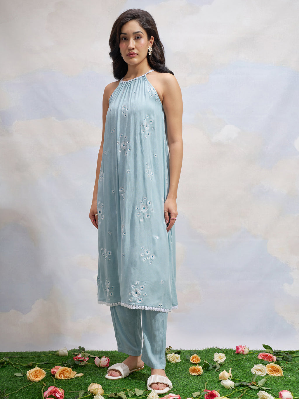 Vara By Vishudh Women Blue Embroidered Kurta With Trouser - Blue - Image 2