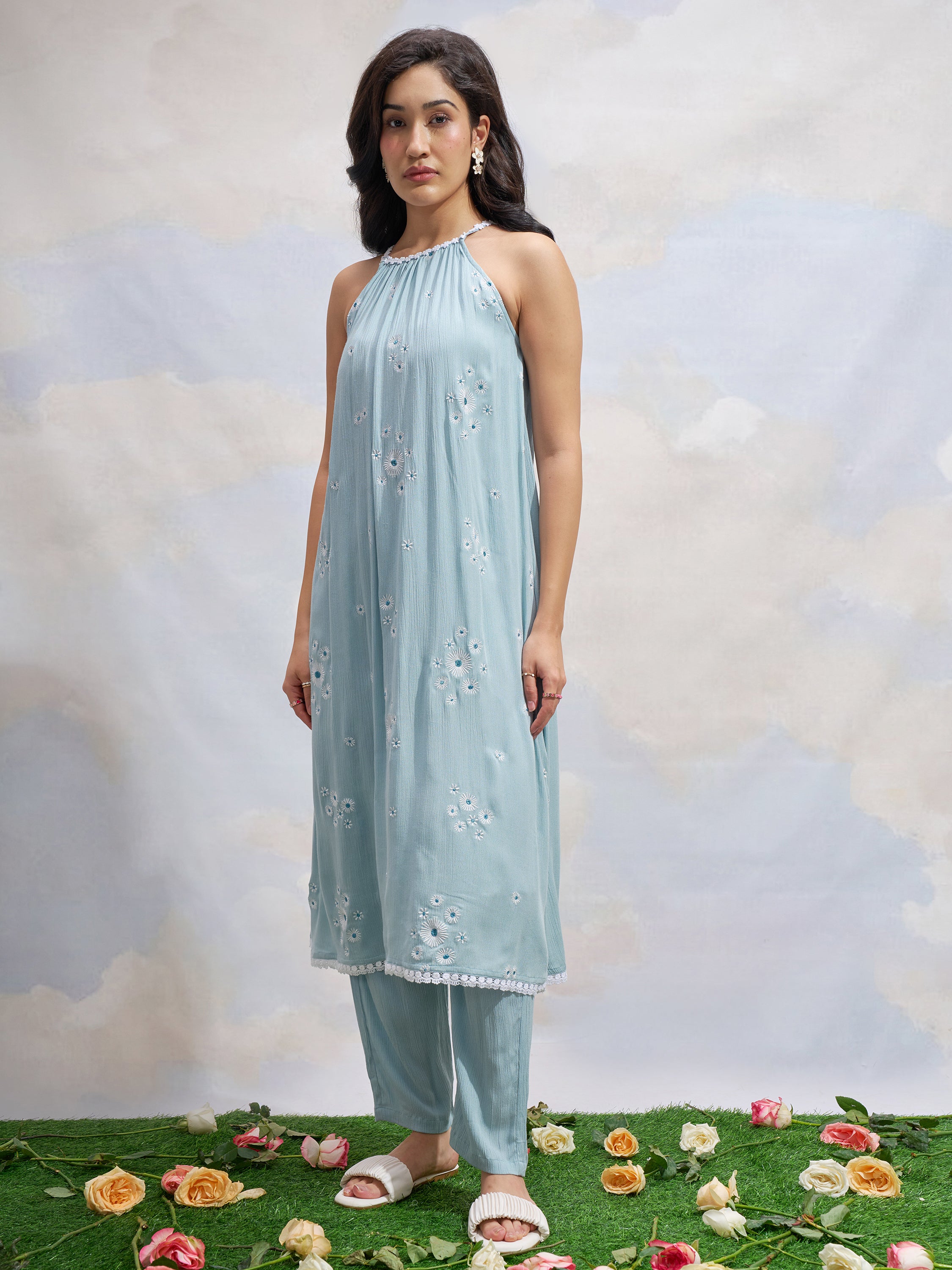 Vara By Vishudh Women Blue Embroidered Kurta With Trouser - Blue - Image 2
