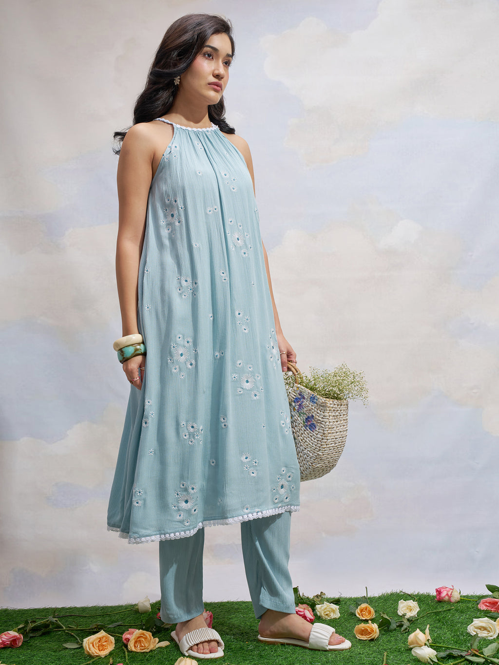 Vara By Vishudh Women Blue Embroidered Kurta With Trouser - Blue - Image 4