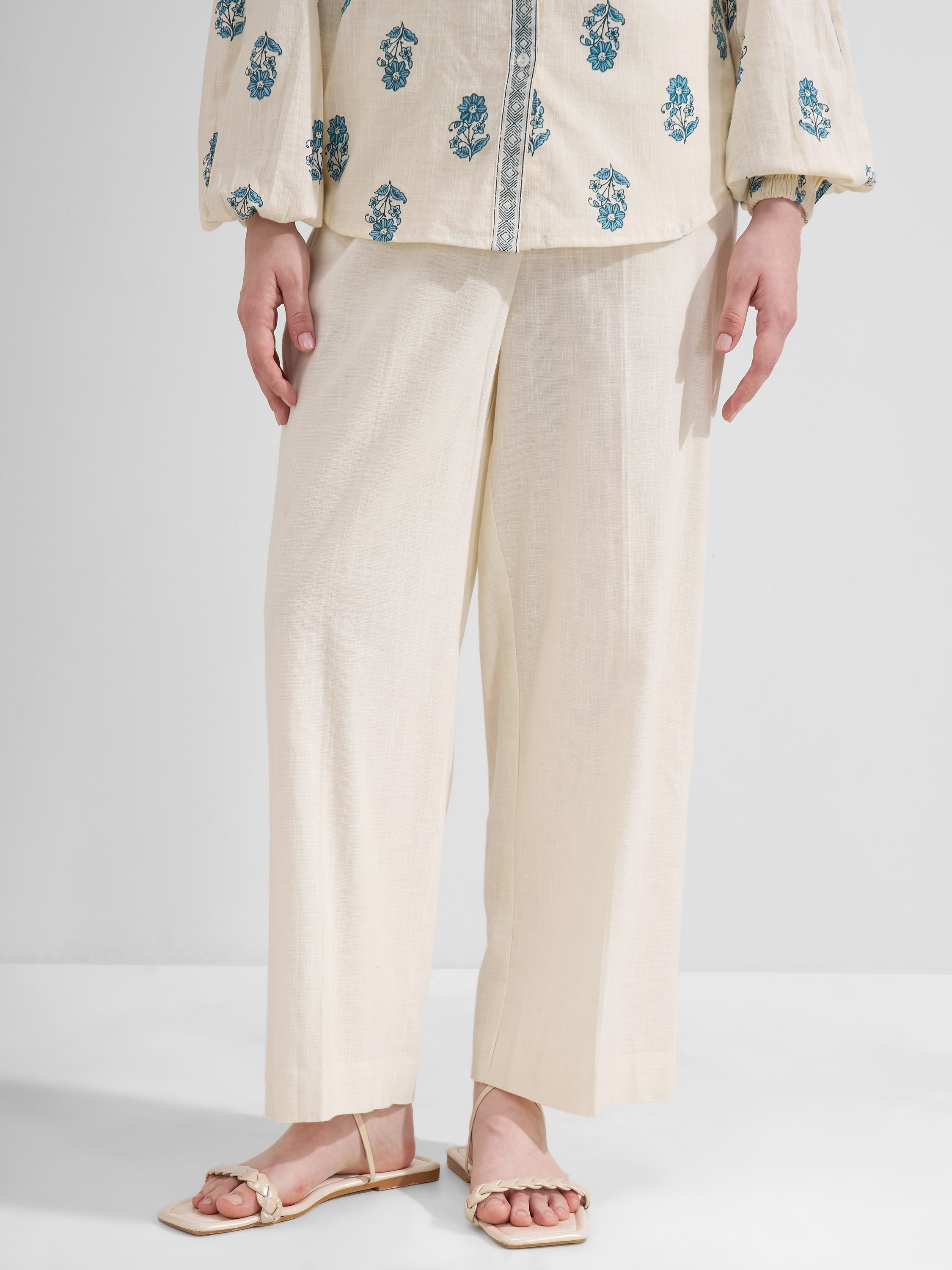 Vara By Vishudh Women Off White Straight Fit Trouser