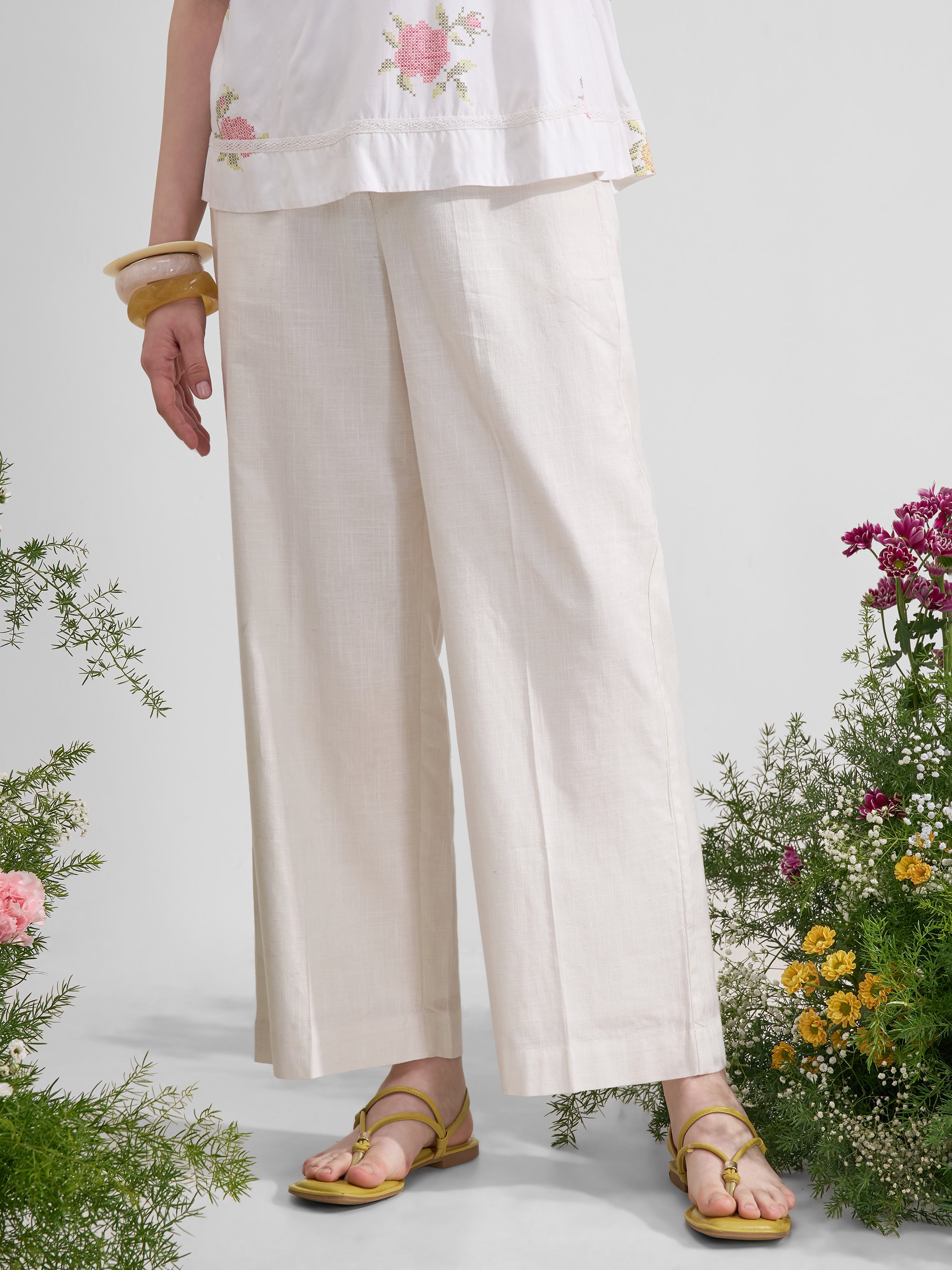 Vara By Vishudh Women Off White Straight Fit Trouser