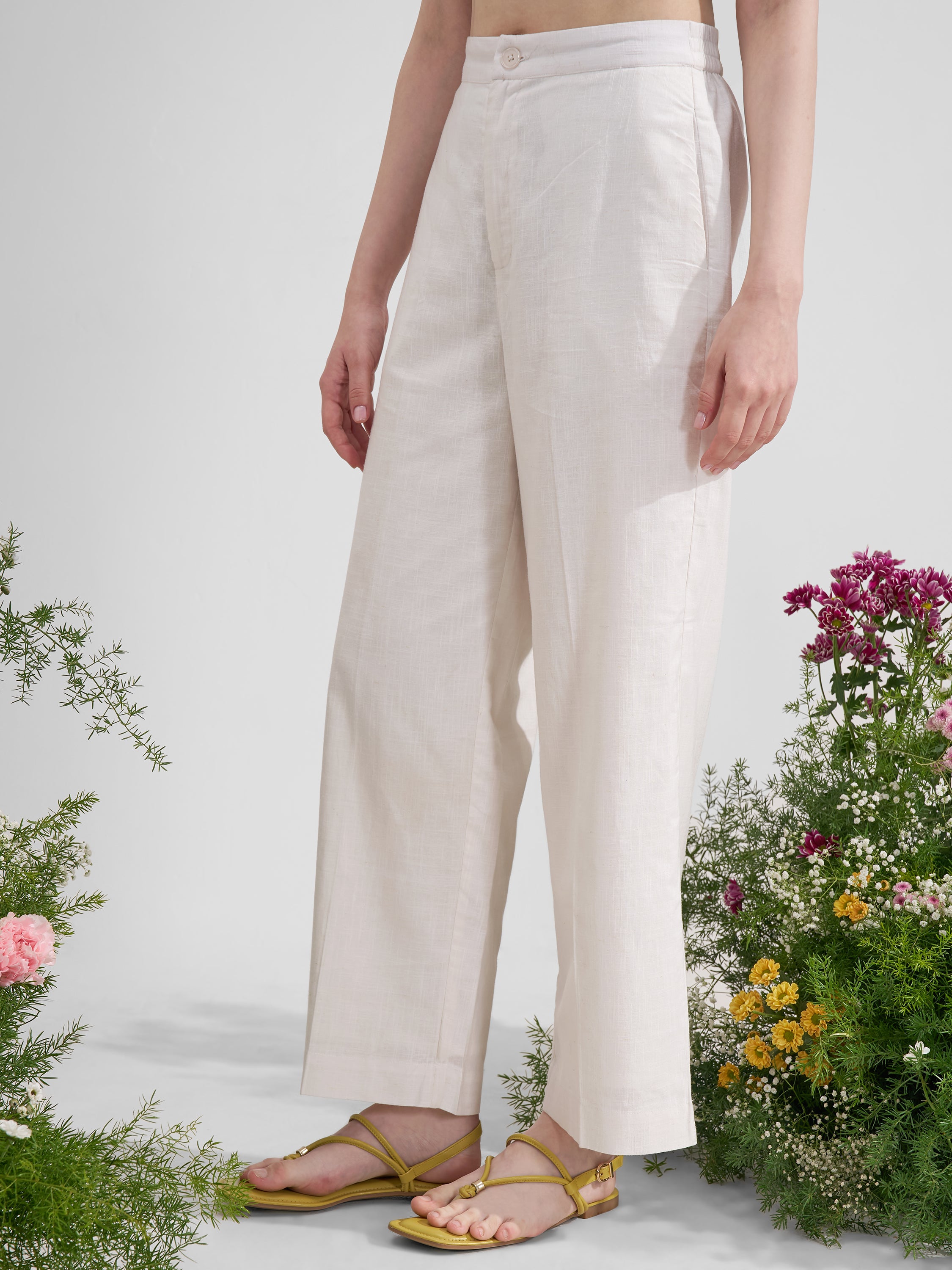 Vara By Vishudh Women Off White Straight Fit Trouser