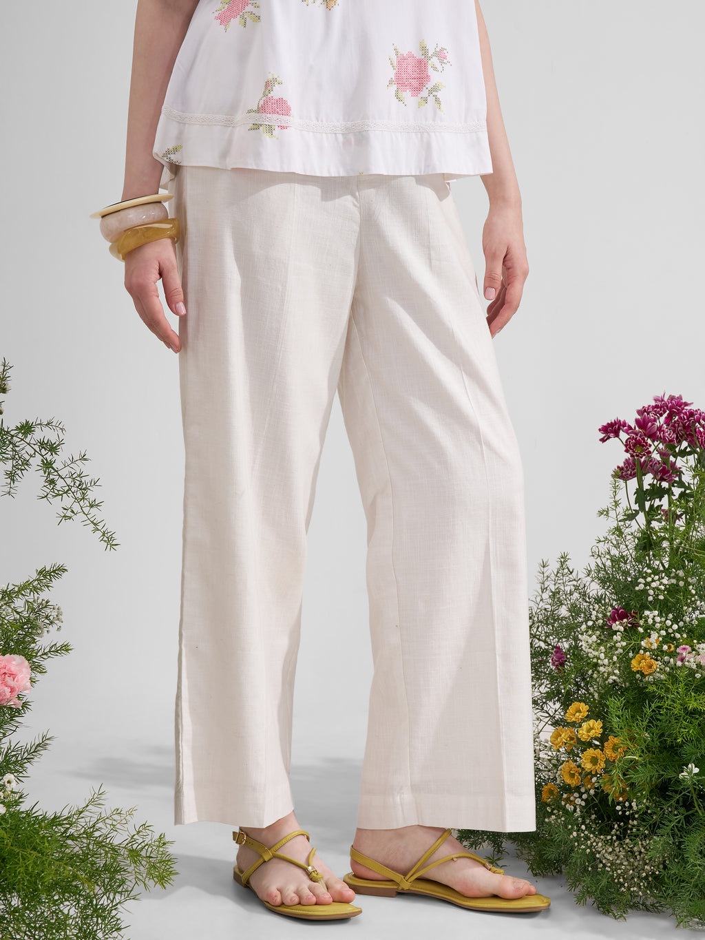 Vara By Vishudh Women Off White Straight Fit Trouser