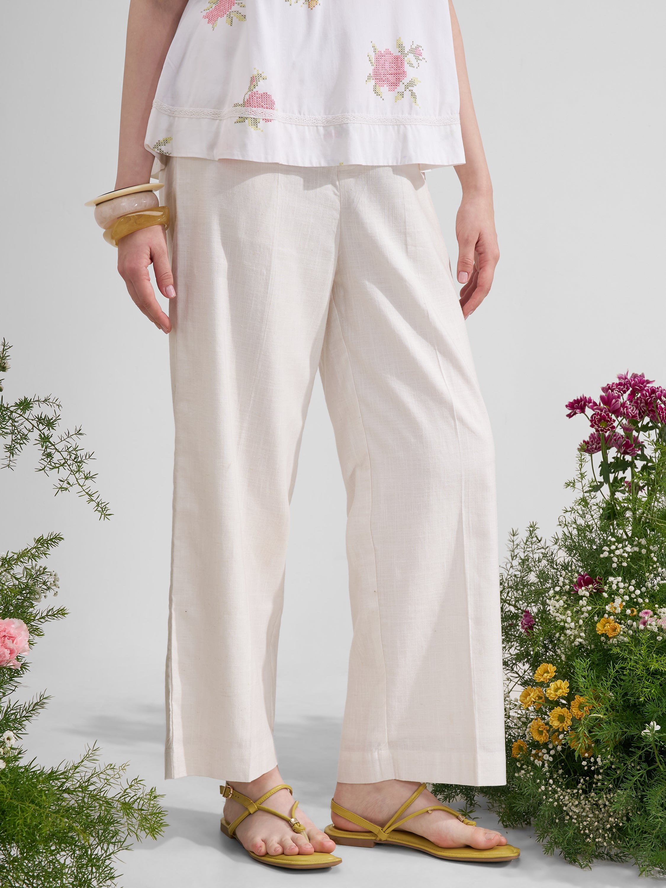 Vara By Vishudh Women Off White Straight Fit Trouser