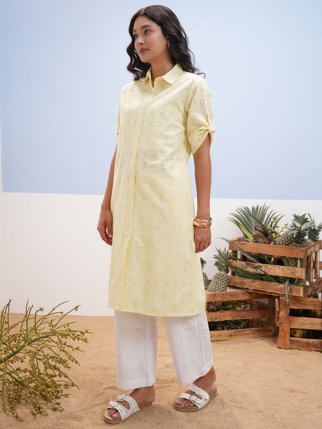 Vara By Vishudh Women Yellow Embroidered Straight Kurta - Yellow - Image 2