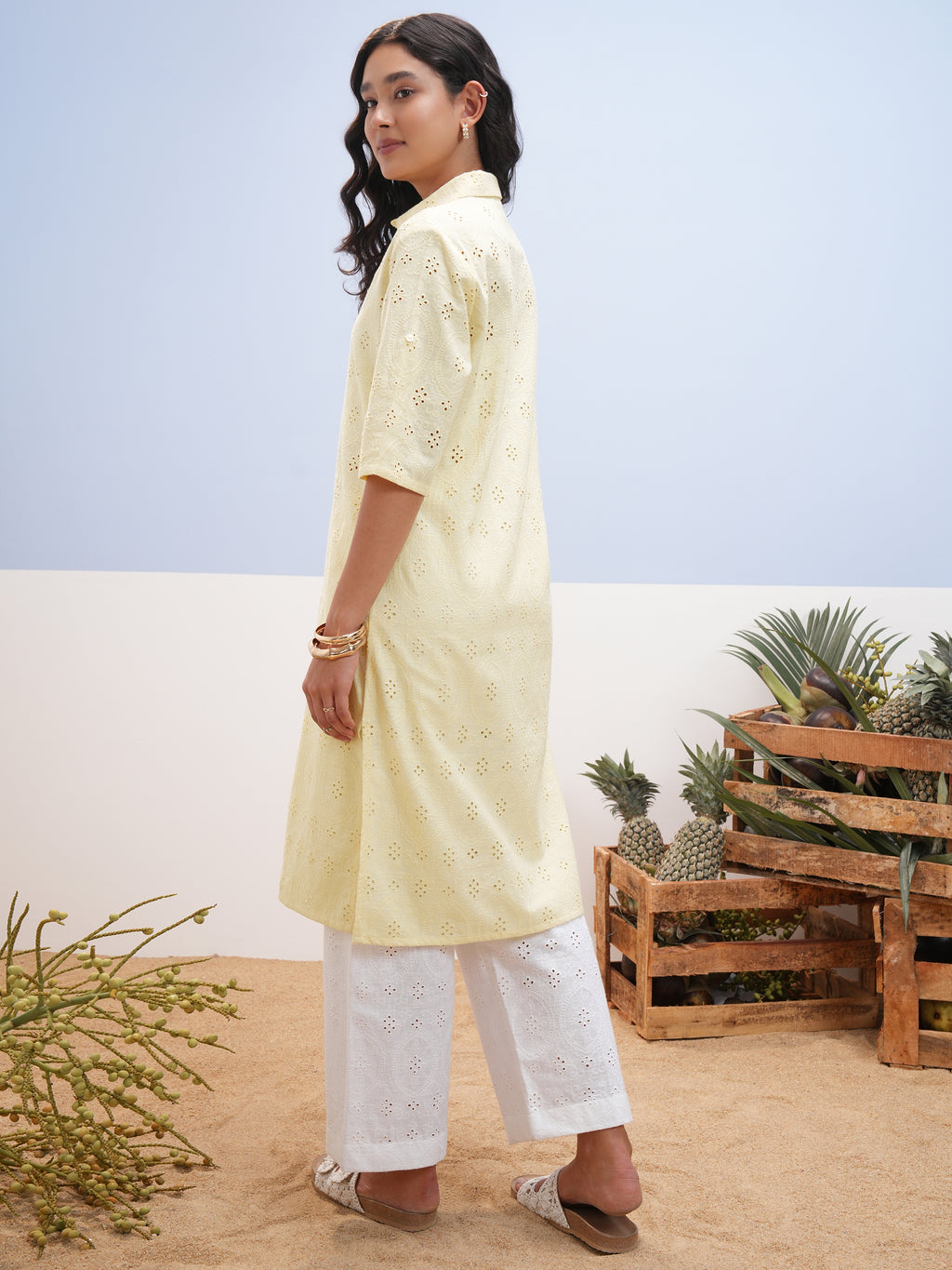 Vara By Vishudh Women Yellow Embroidered Straight Kurta - Yellow - Image 3
