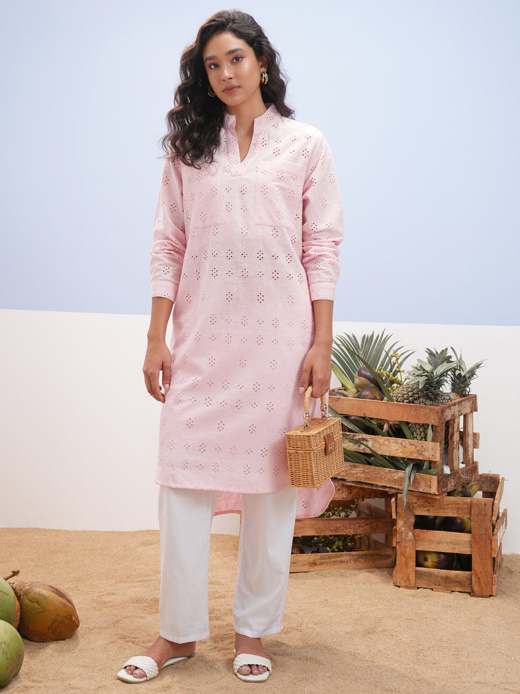Vara By Vishudh Women Pink Embroidered Straight Kurta - Pink - Image 1
