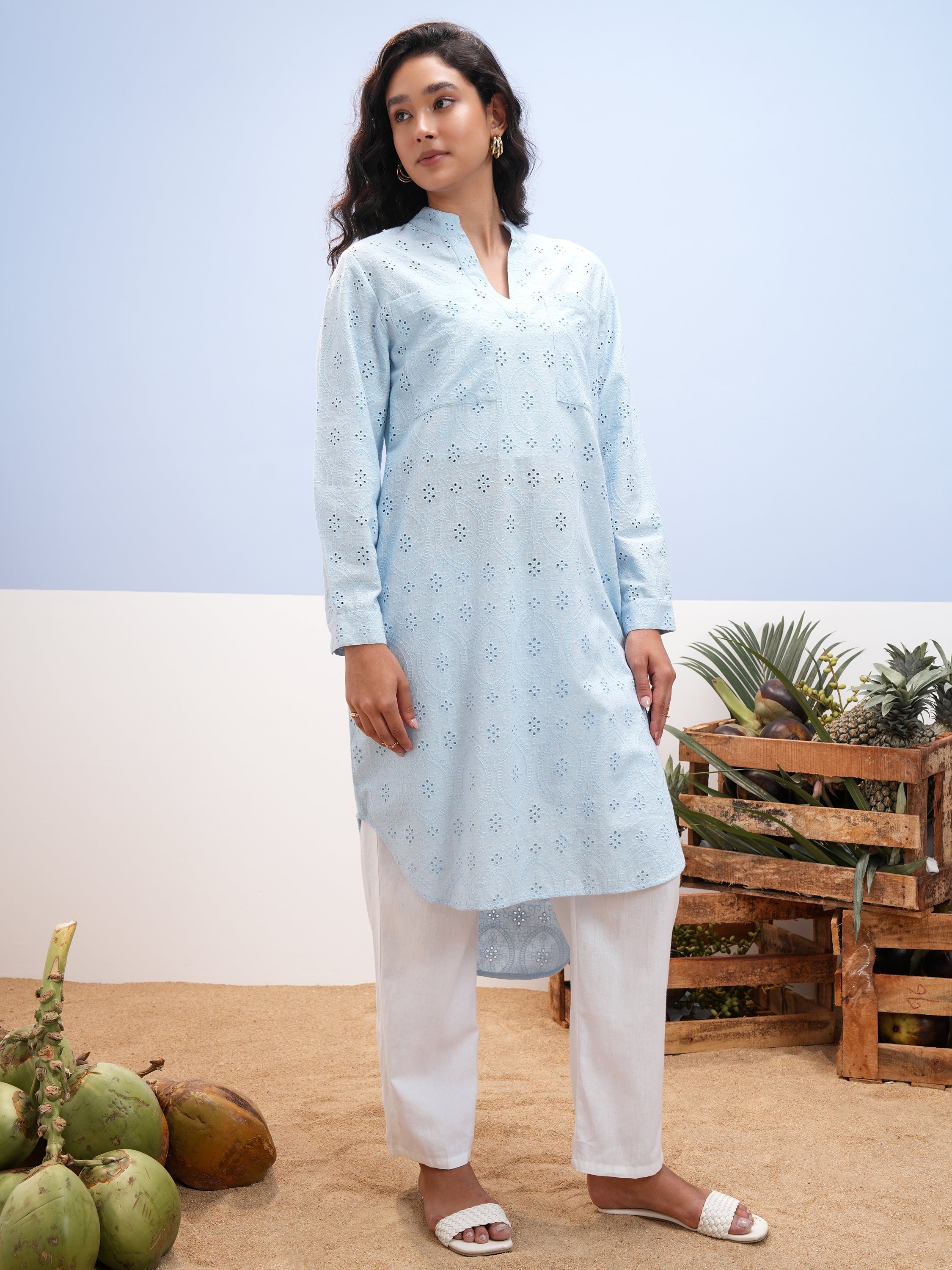 Vara By Vishudh Women Blue Embroidered Straight Kurta - Blue - Image 4