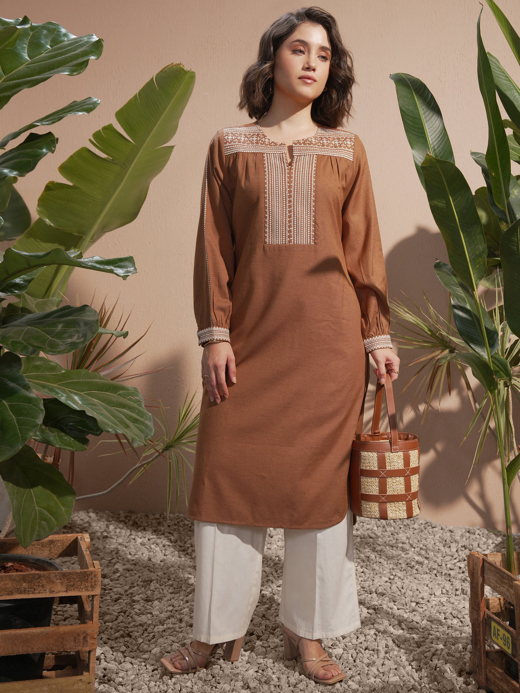 Vara By Vishudh Women Brown Embroidered Straight Kurta - Brown - Image 1