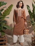 Vara By Vishudh Women Brown Embroidered Straight Kurta - Brown - Image 1